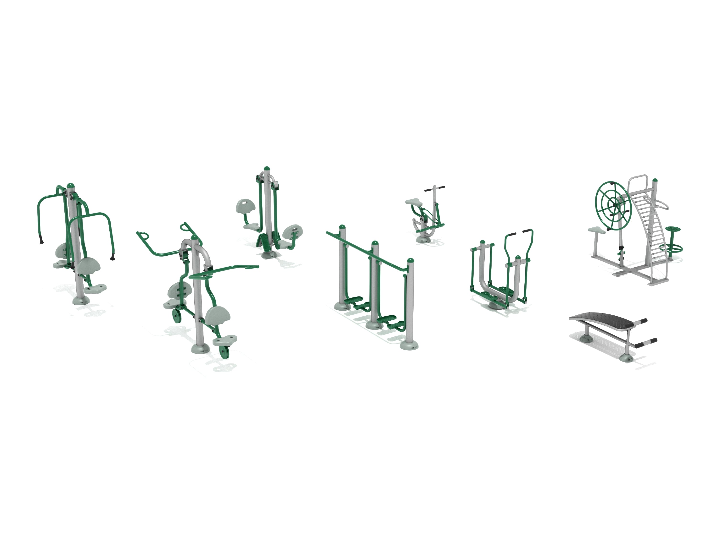 Outdoor fitness course with eight green and gray exercise stations including leg press, chest press, sit-up bench, and cardio machines