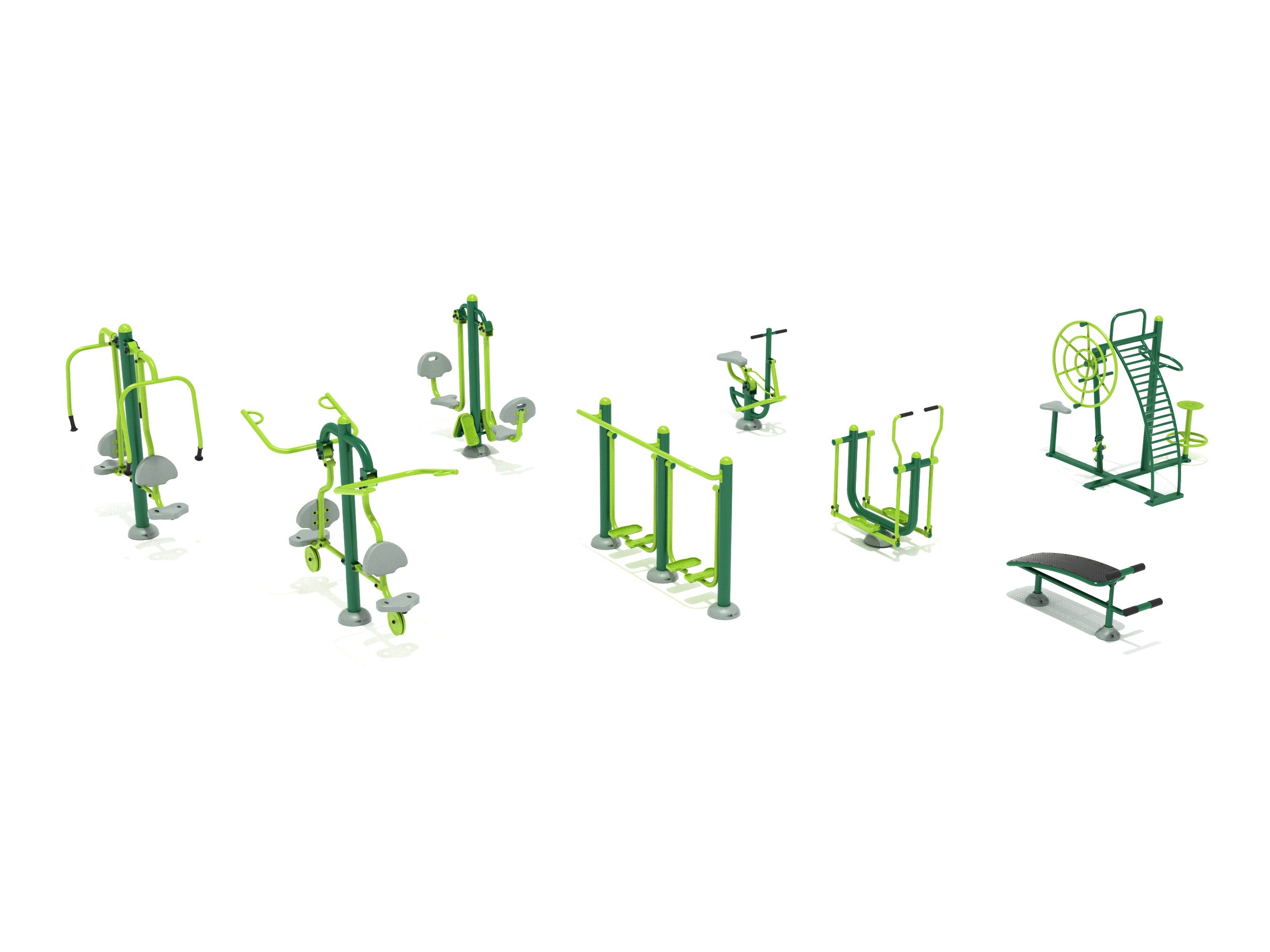 Outdoor fitness course with eight green and gray exercise stations including leg press, chest press, sit-up bench, and warm-up equipment