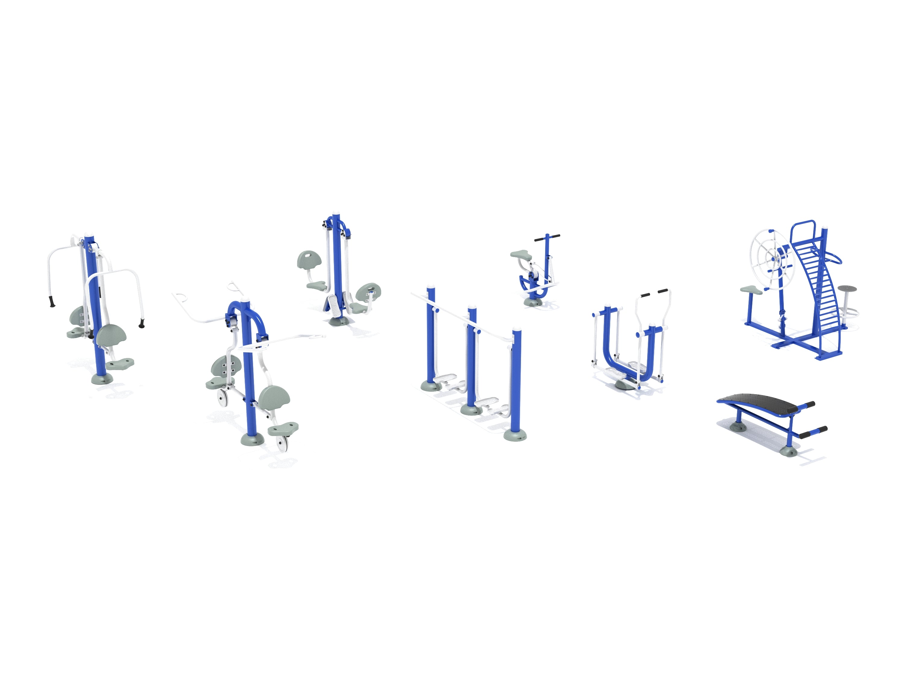 Outdoor fitness course with eight blue and gray exercise stations including chest press, leg press, sit-up bench, and warm-up equipment