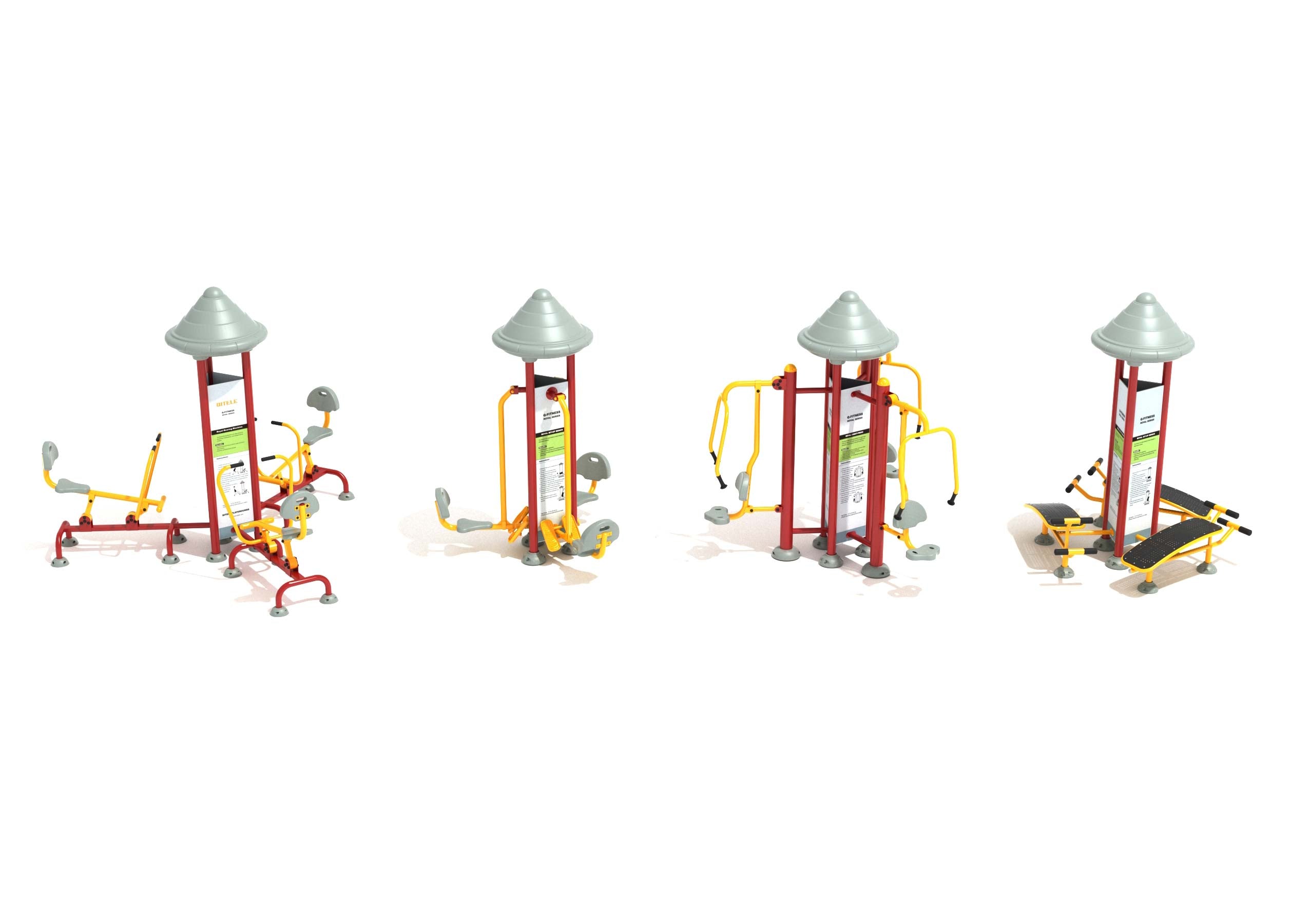 Feel the Burn Fitness Course outdoor workout equipment with four red and yellow triple stations for rowing, leg press, chest press, and sit-up bench