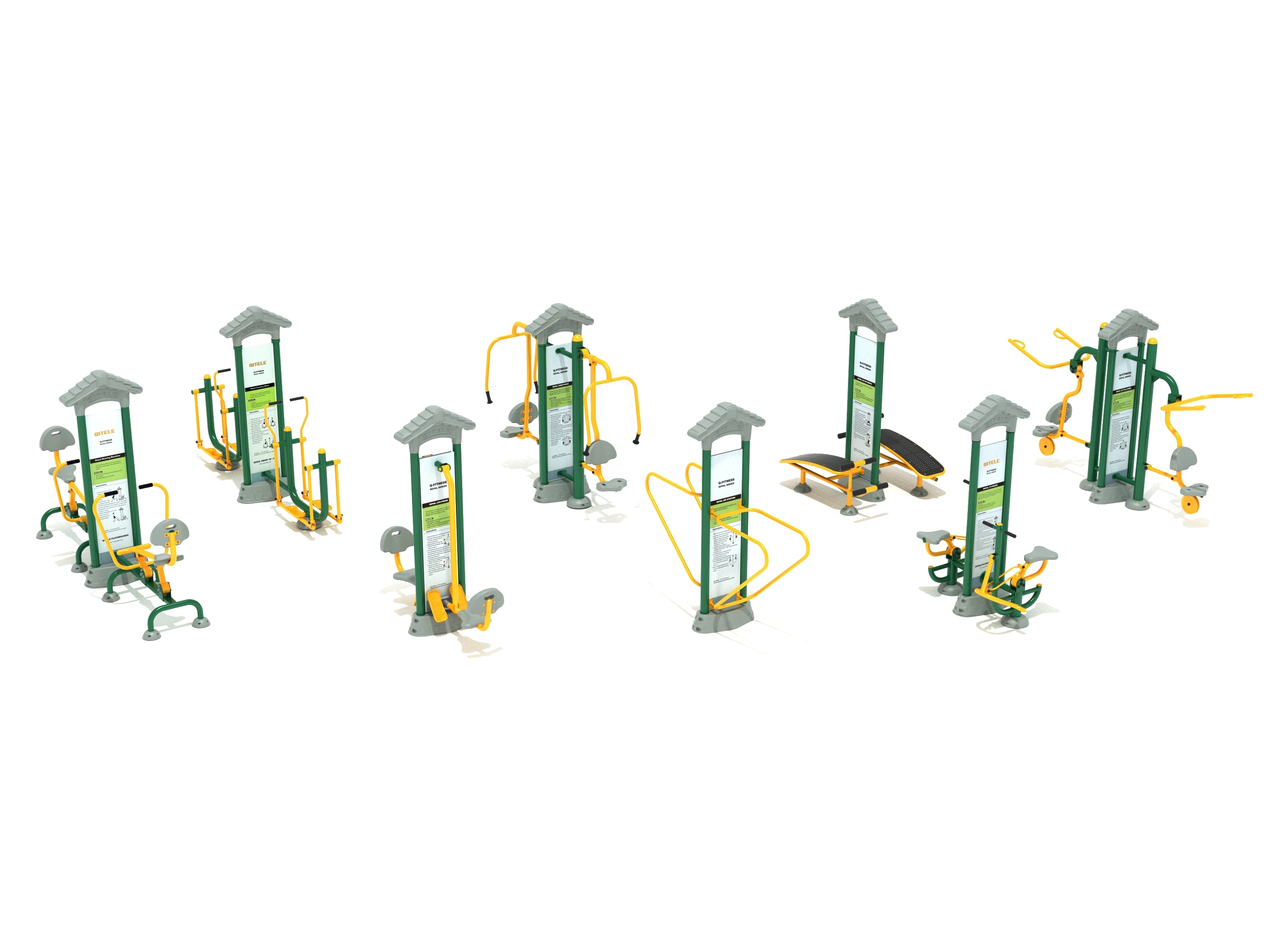 Olympic Spirit Fitness Course outdoor workout set with eight green and yellow double fitness stations for partner training