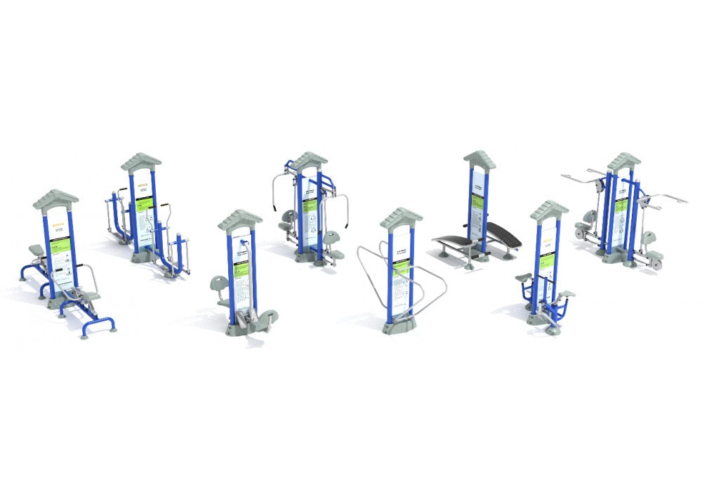 Overhead view of eight blue and gray dual outdoor fitness stations with instructional panels for partner workouts