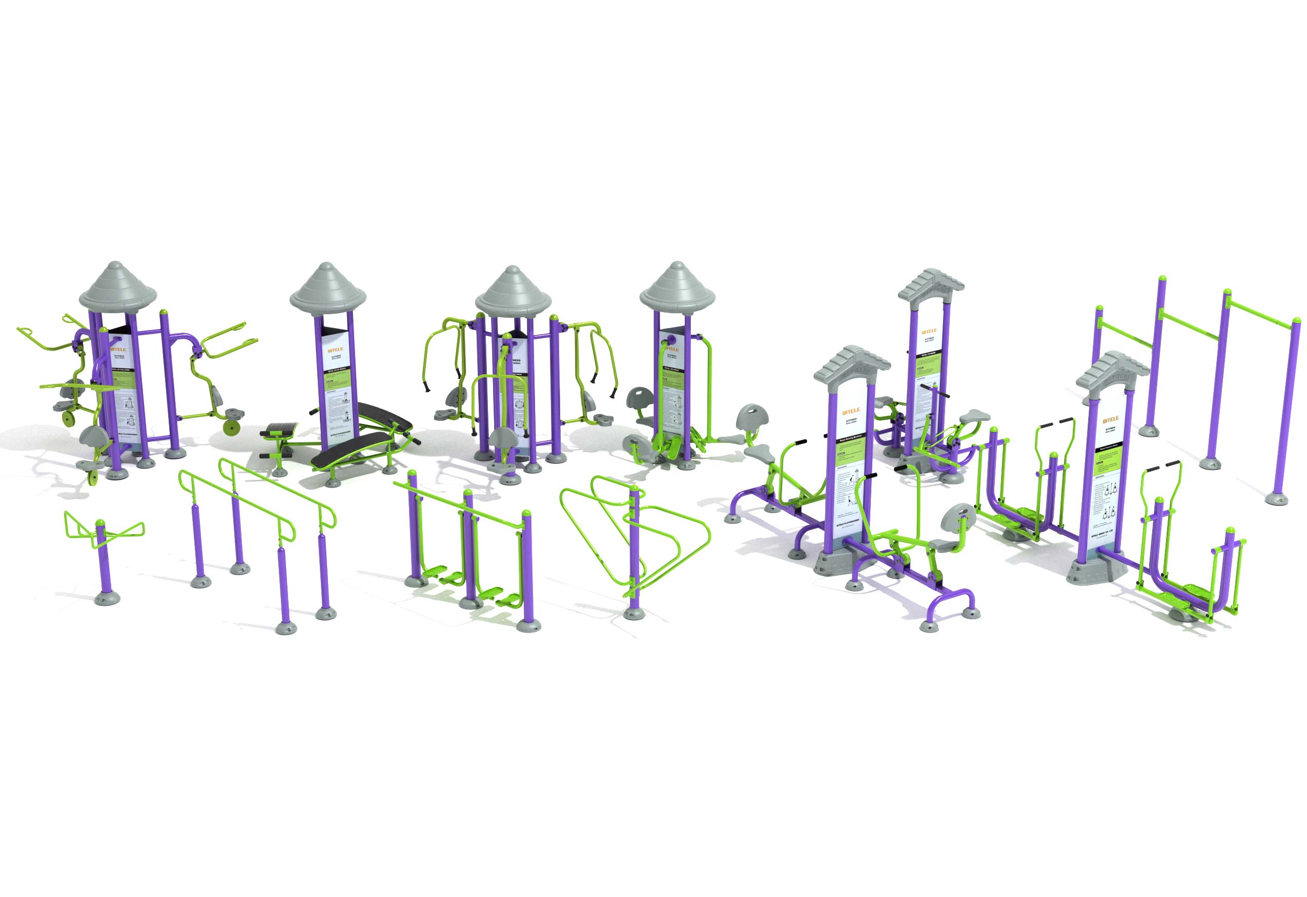 Boot Camp Fitness Course outdoor workout equipment with multiple purple and green exercise stations for full-body training
