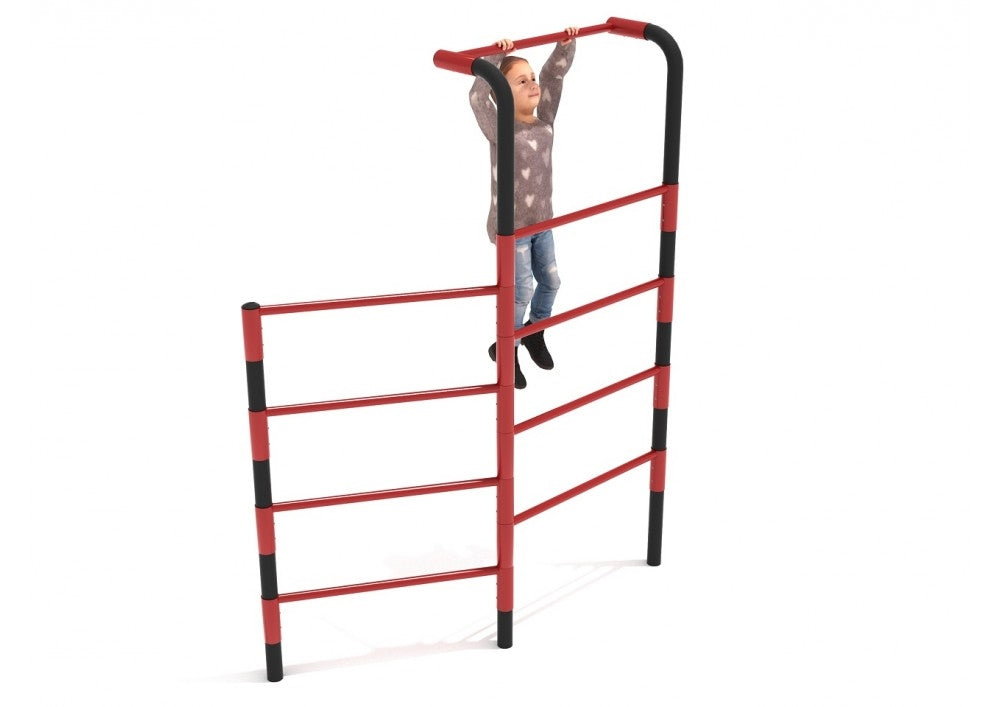 Child climbing a red and black dual-sided outdoor fitness ladder with a top pull-up bar for strength and coordination development