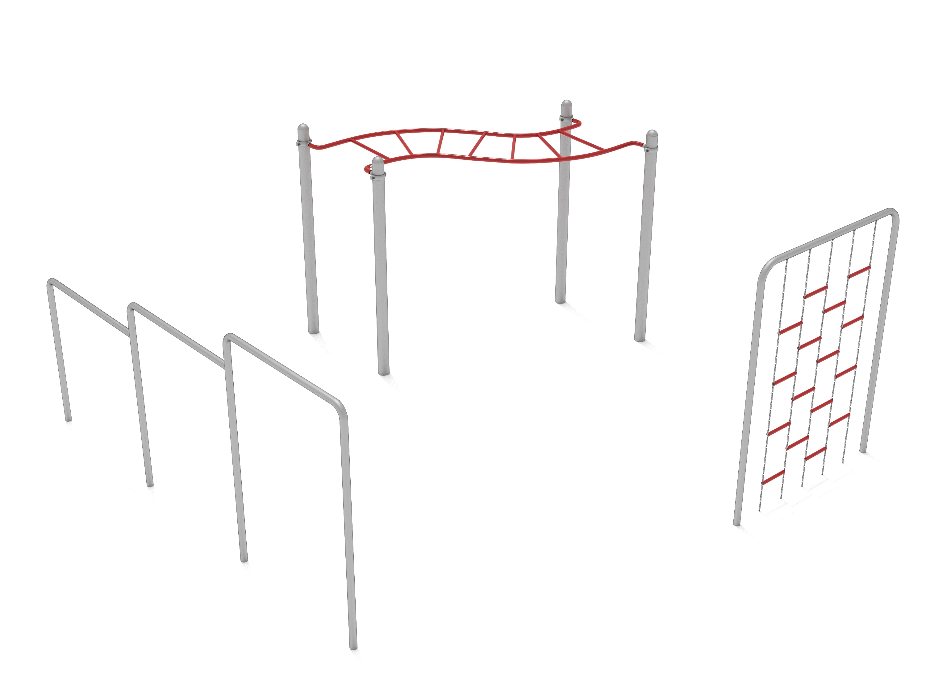 Outdoor kids gym course with wavy overhead ladder, triple uneven bars, and chain ladder climber in gray and red