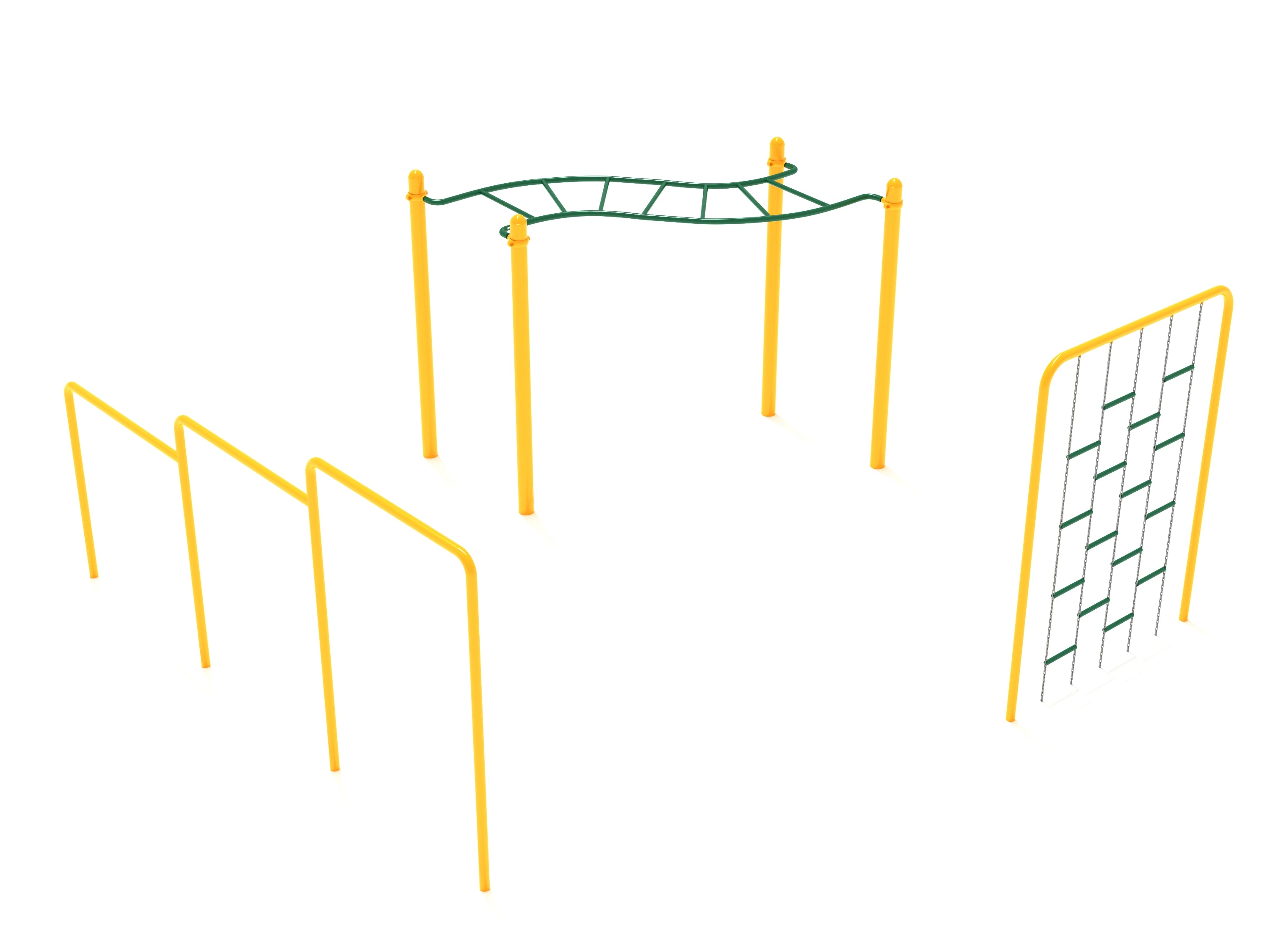 Outdoor kids gym course with yellow frame featuring wavy overhead ladder, triple uneven bars, and chain ladder climber
