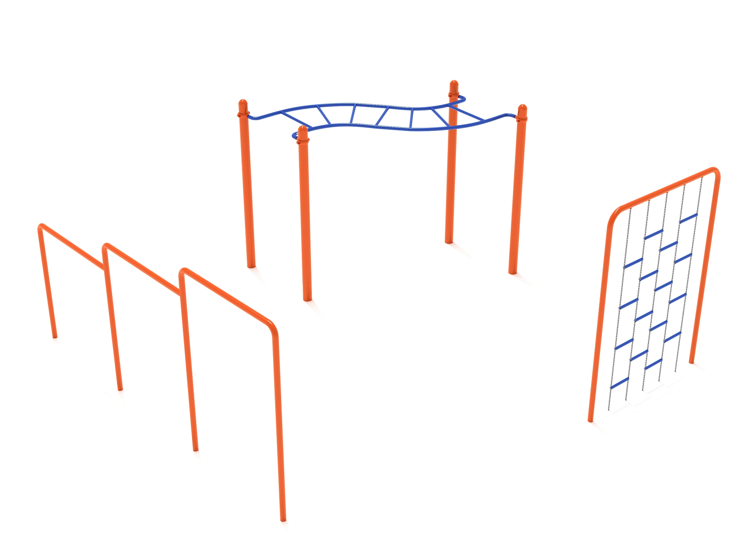 3 Piece Basic Kids Gym Course with orange frames, blue wavy overhead ladder, uneven agility bars, and chain ladder climber for outdoor fitness