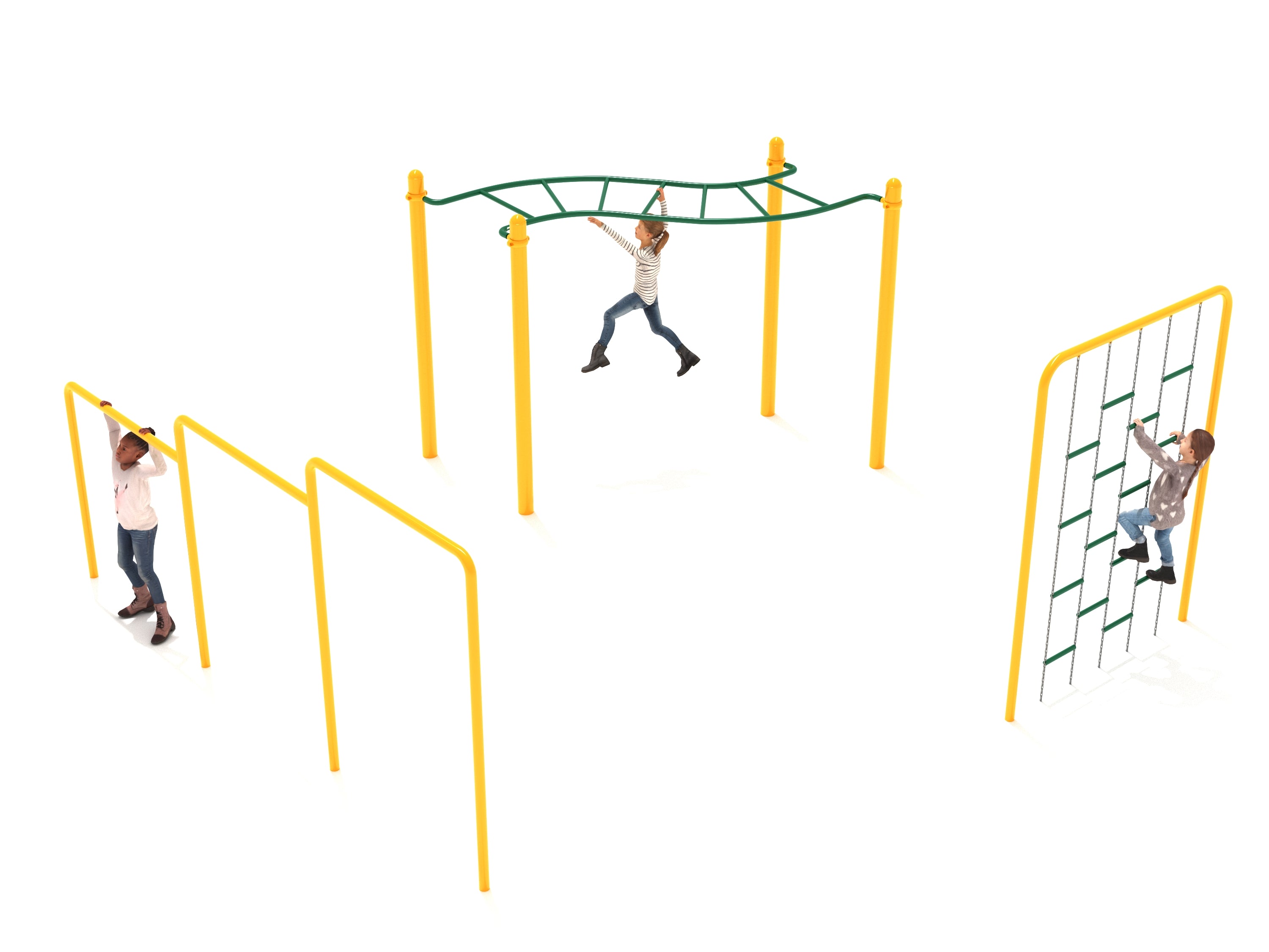 Outdoor kids fitness course with yellow frames, wavy green monkey bars, uneven agility bars, and chain ladder climber with children playing