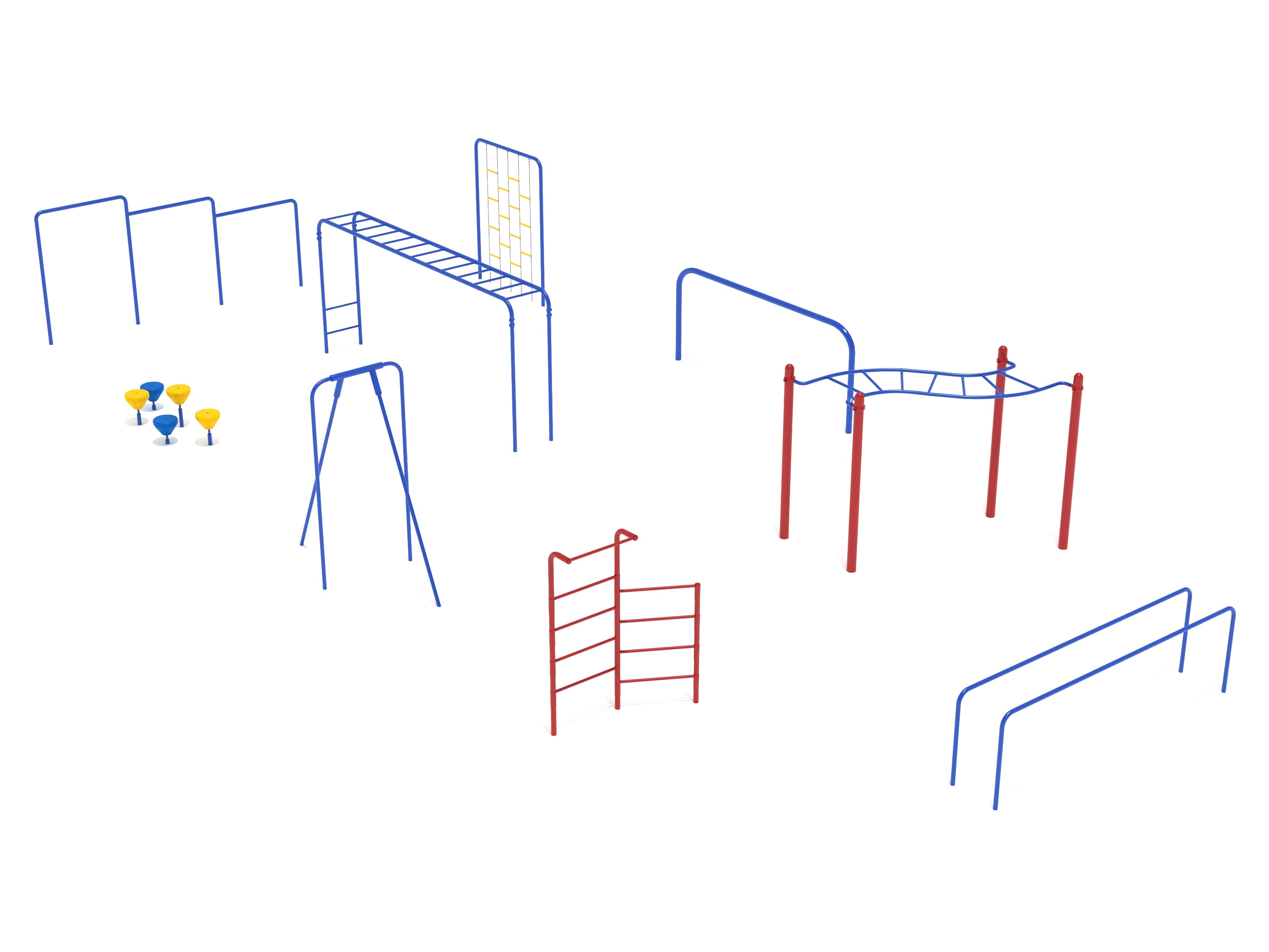 Outdoor kids gym course with blue and red climbing ladders, agility bars, balance pebbles, and parallel training bars