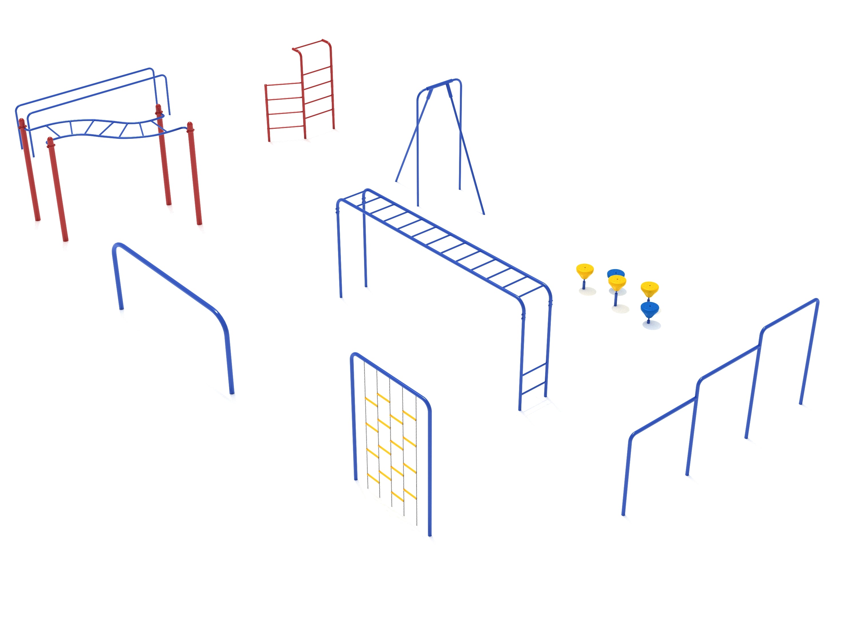 9 Piece Advanced Kids Gym Course with blue and red climbing ladders, parallel bars, agility bars, and balance pods for playground fitness