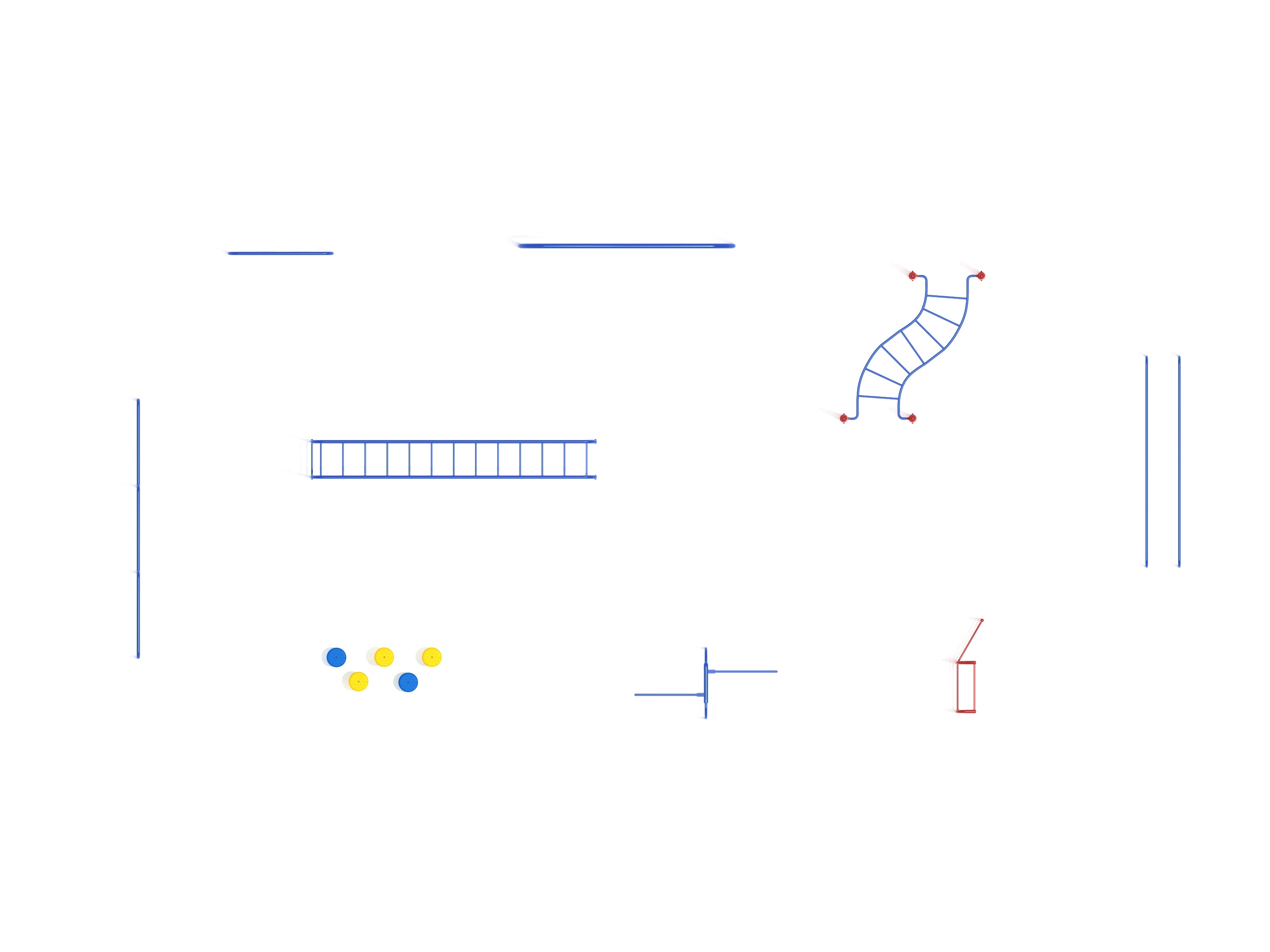 Overhead view of a kids' outdoor gym course with blue climbing ladders, agility bars, and yellow and blue balance stepping stones