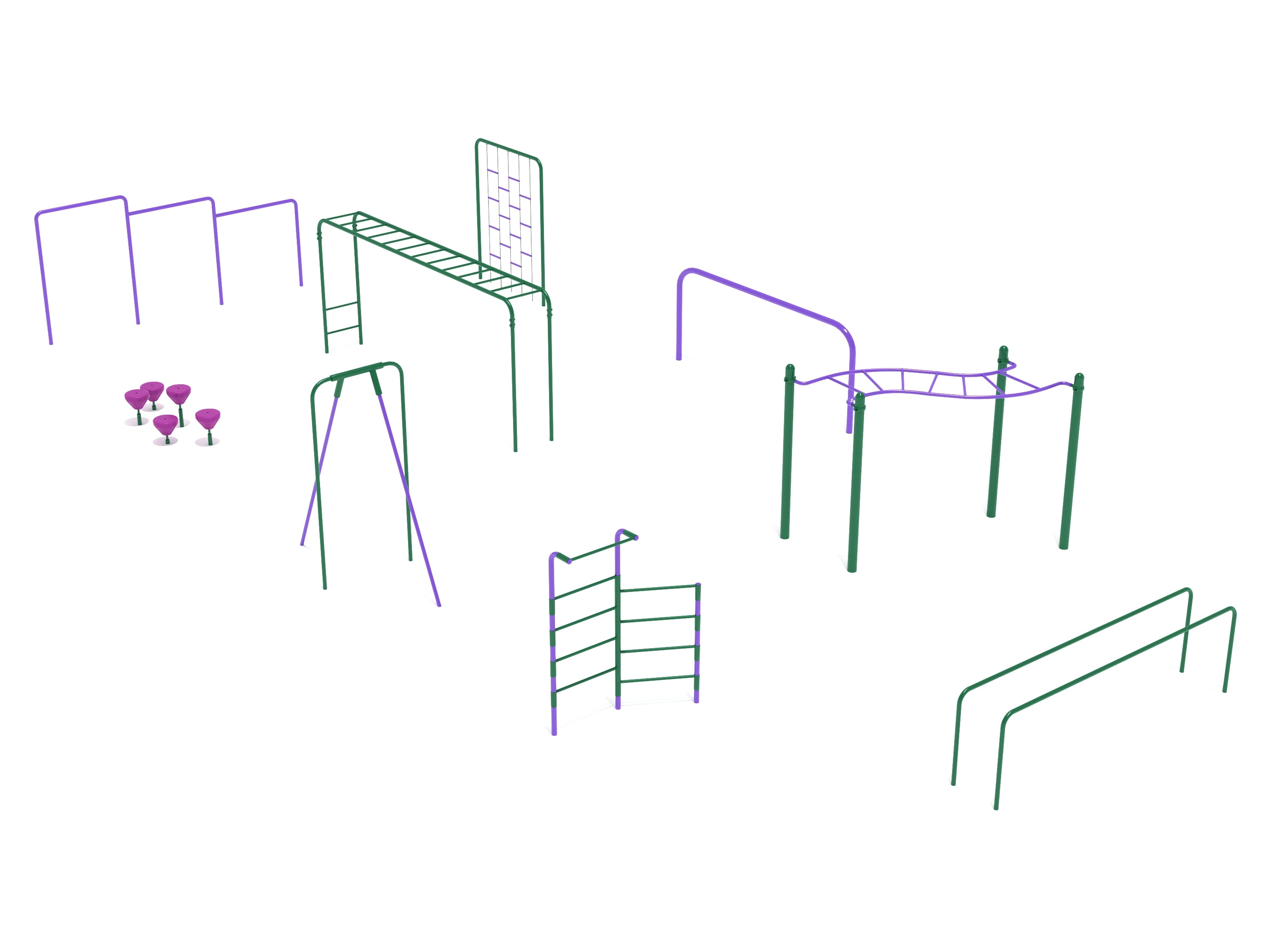 Nine-station kids gym course with climbing ladders, agility bars, balance pods, and parallel training bars in green and purple colors