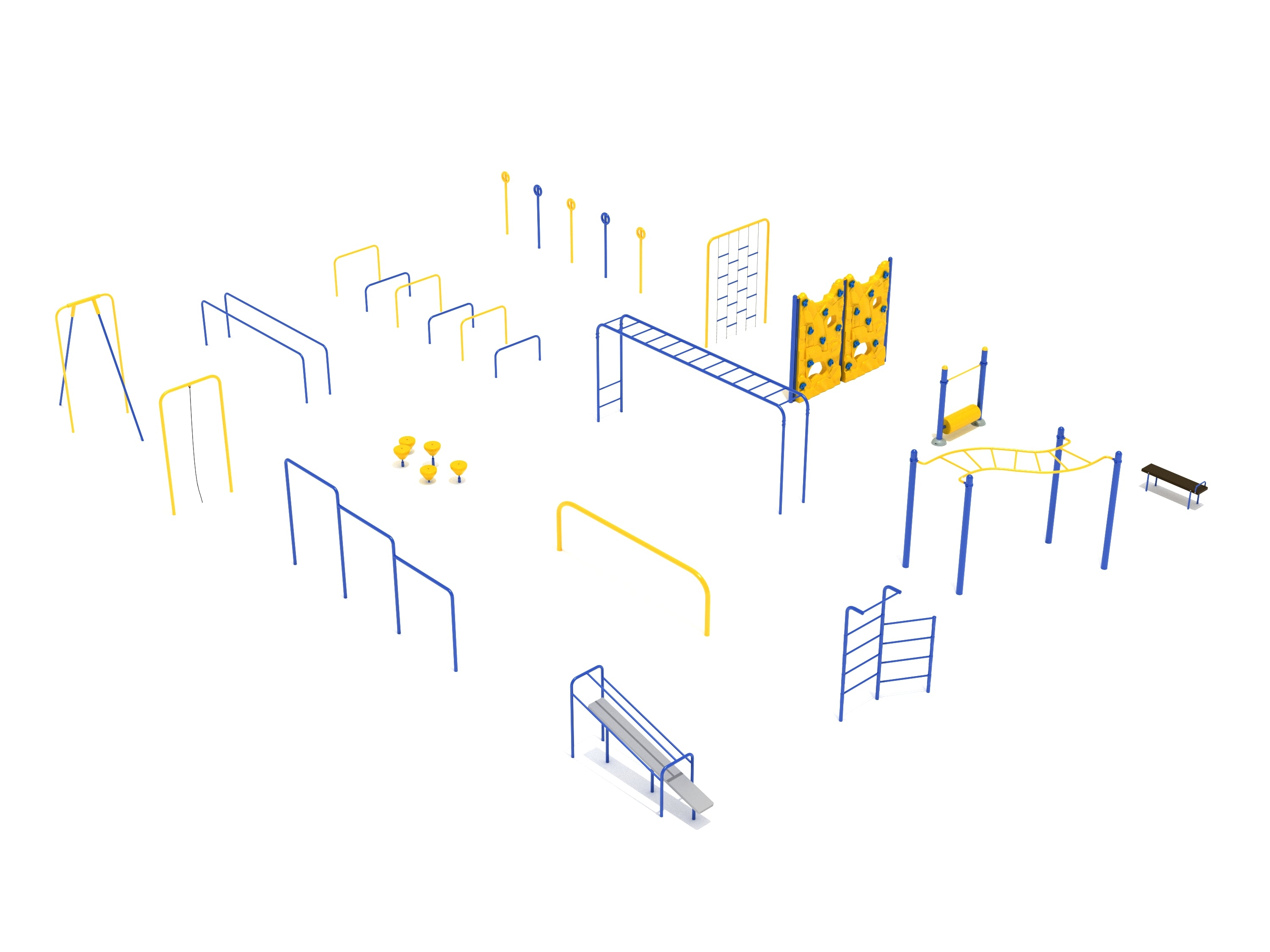 Overhead view of 16 Piece Premier Kids Gym Course with blue and yellow climbing ladders, agility poles, rock climbing walls, and balance stations