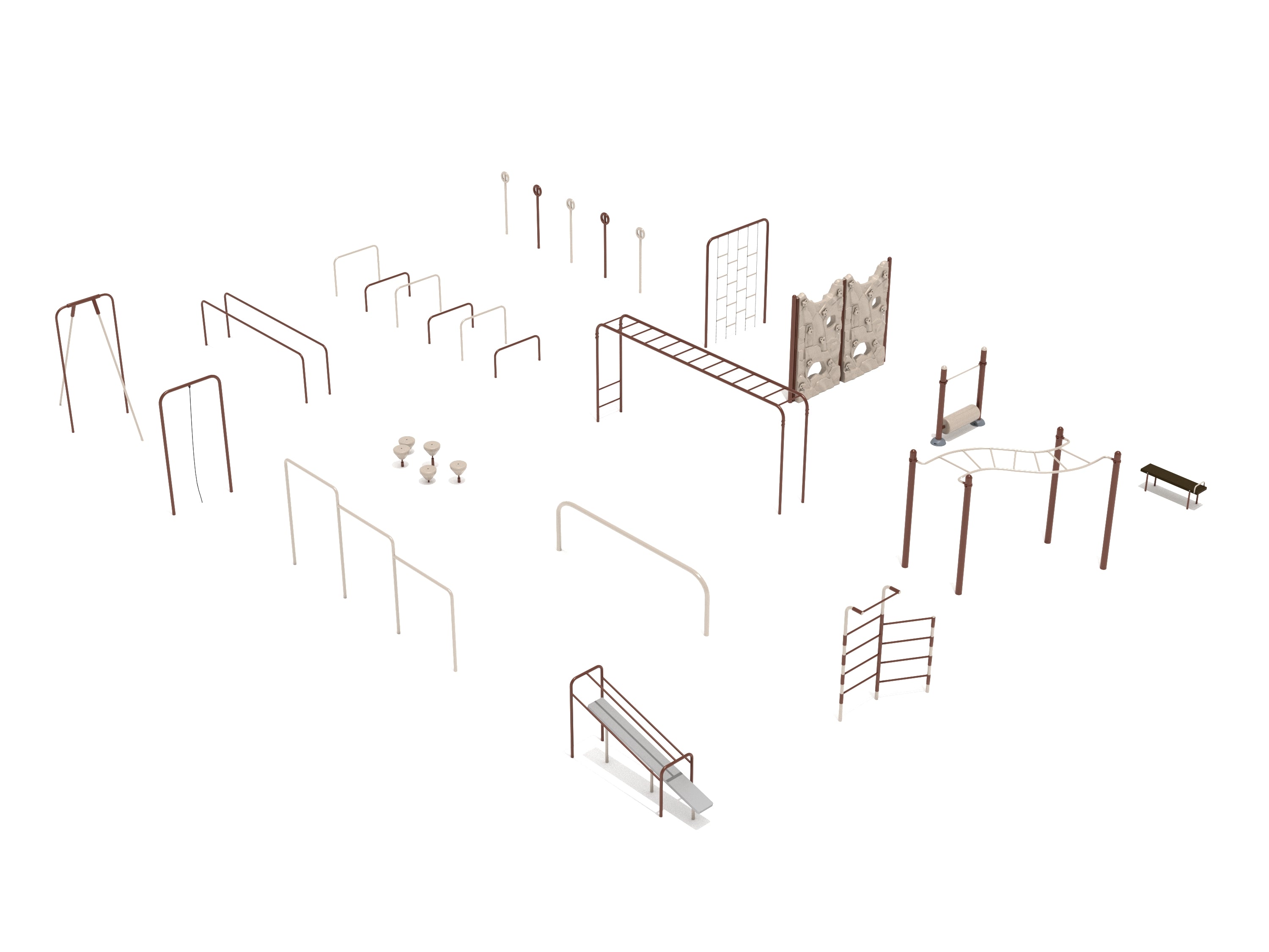 Multi-station kids fitness playground with climbing walls, monkey bars, balance pods, agility poles, and benches