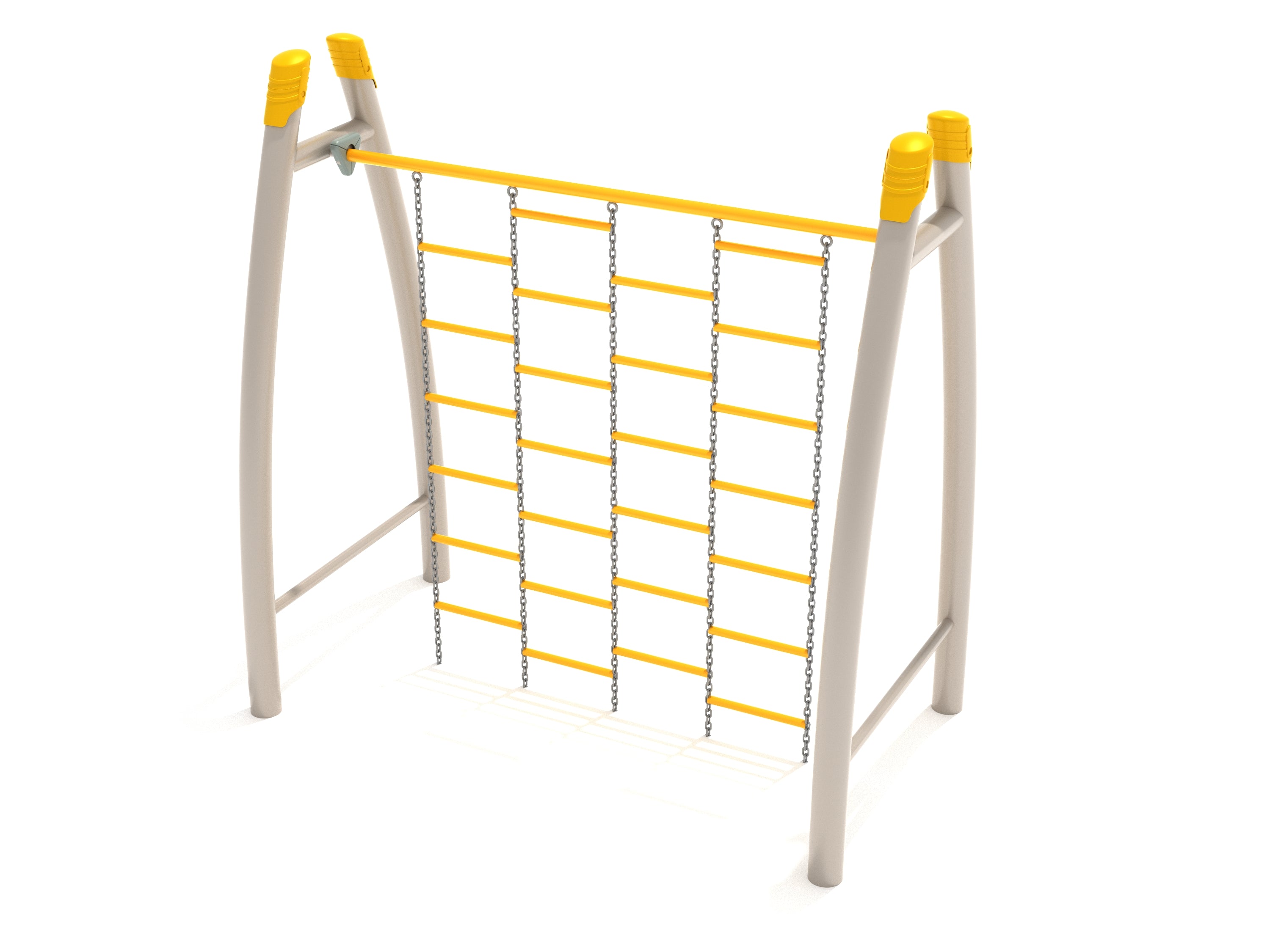 Curved double-sided climbing wall with yellow rungs suspended by chains between beige curved posts, playground equipment