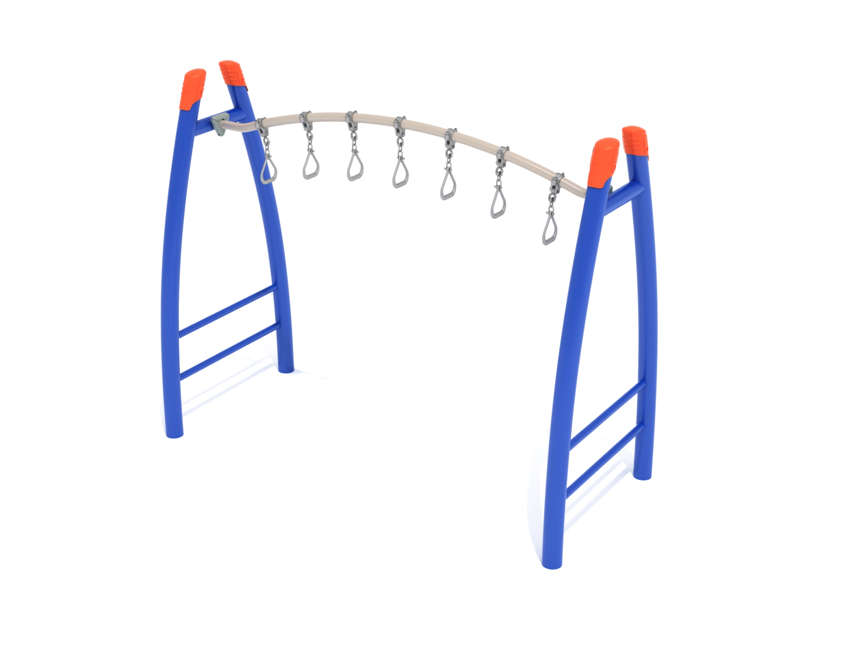 Curved blue climbing frame with orange caps and suspended gray ring handles for grip and balance on playground equipment