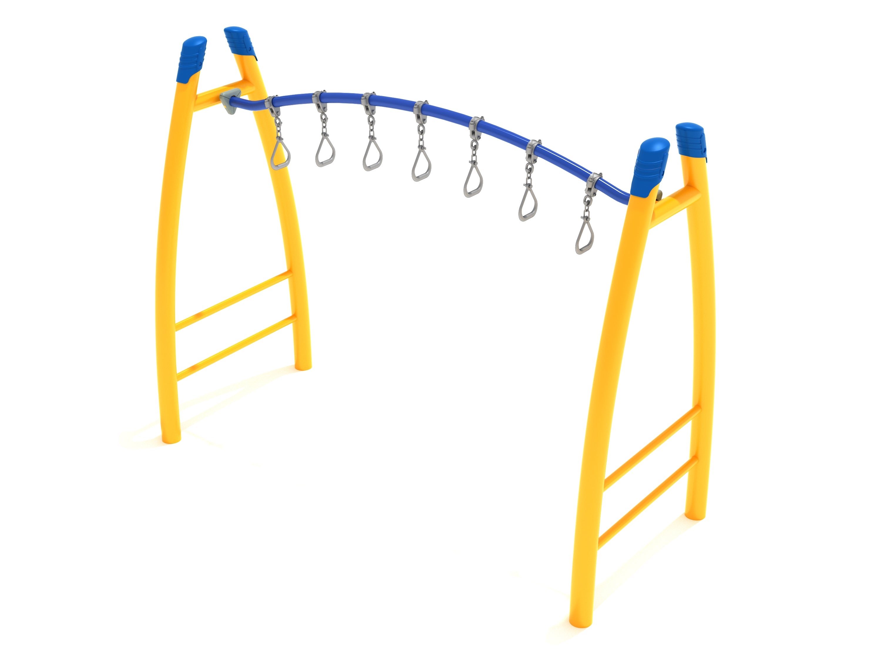 Curved Post Curved Overhead Swinging Ring Ladder with yellow arched posts, blue curved bar, and metal swinging rings for climbing play