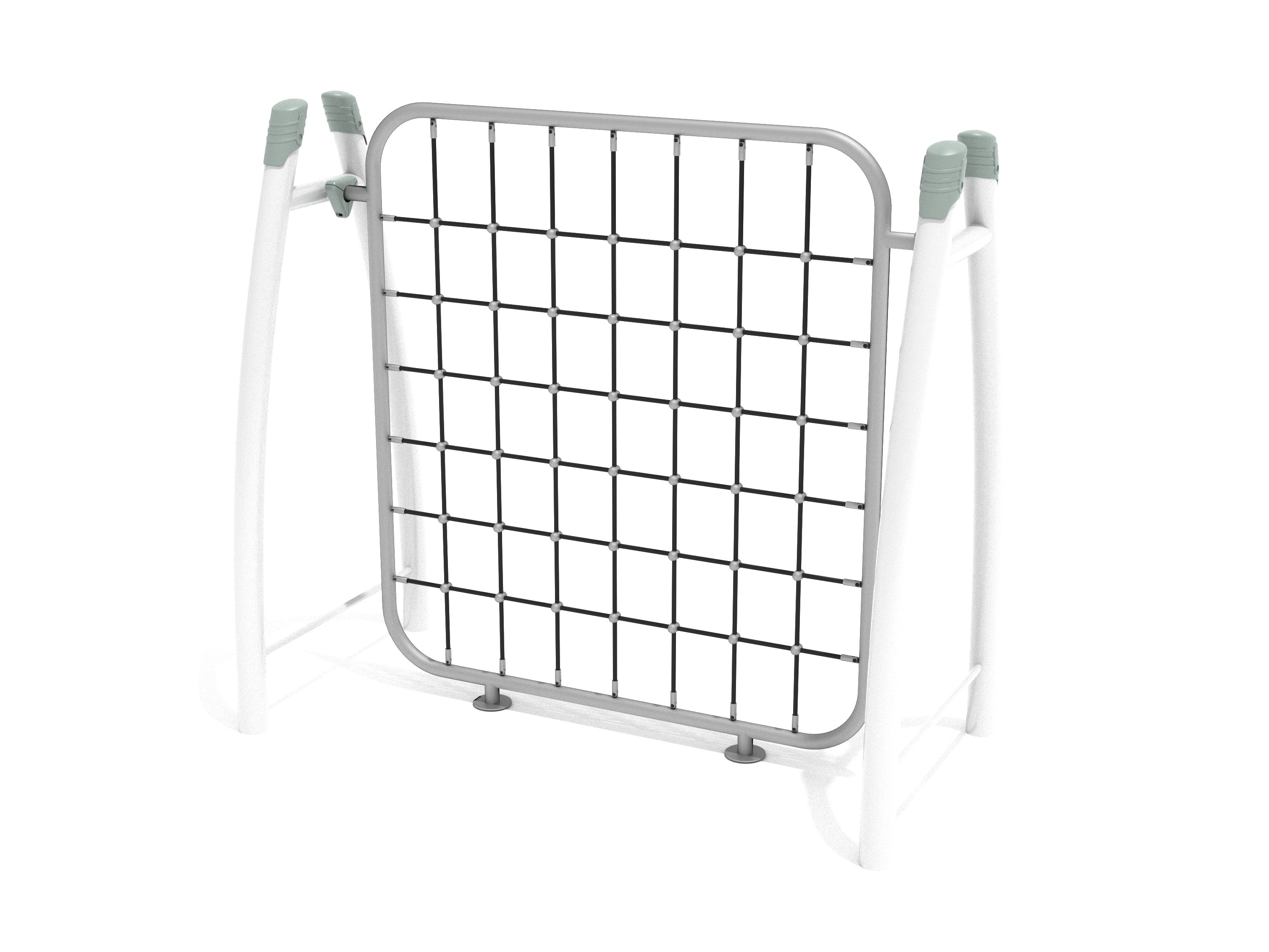 Compact playground climbing net with curved white posts and black grid ropes for active children's play