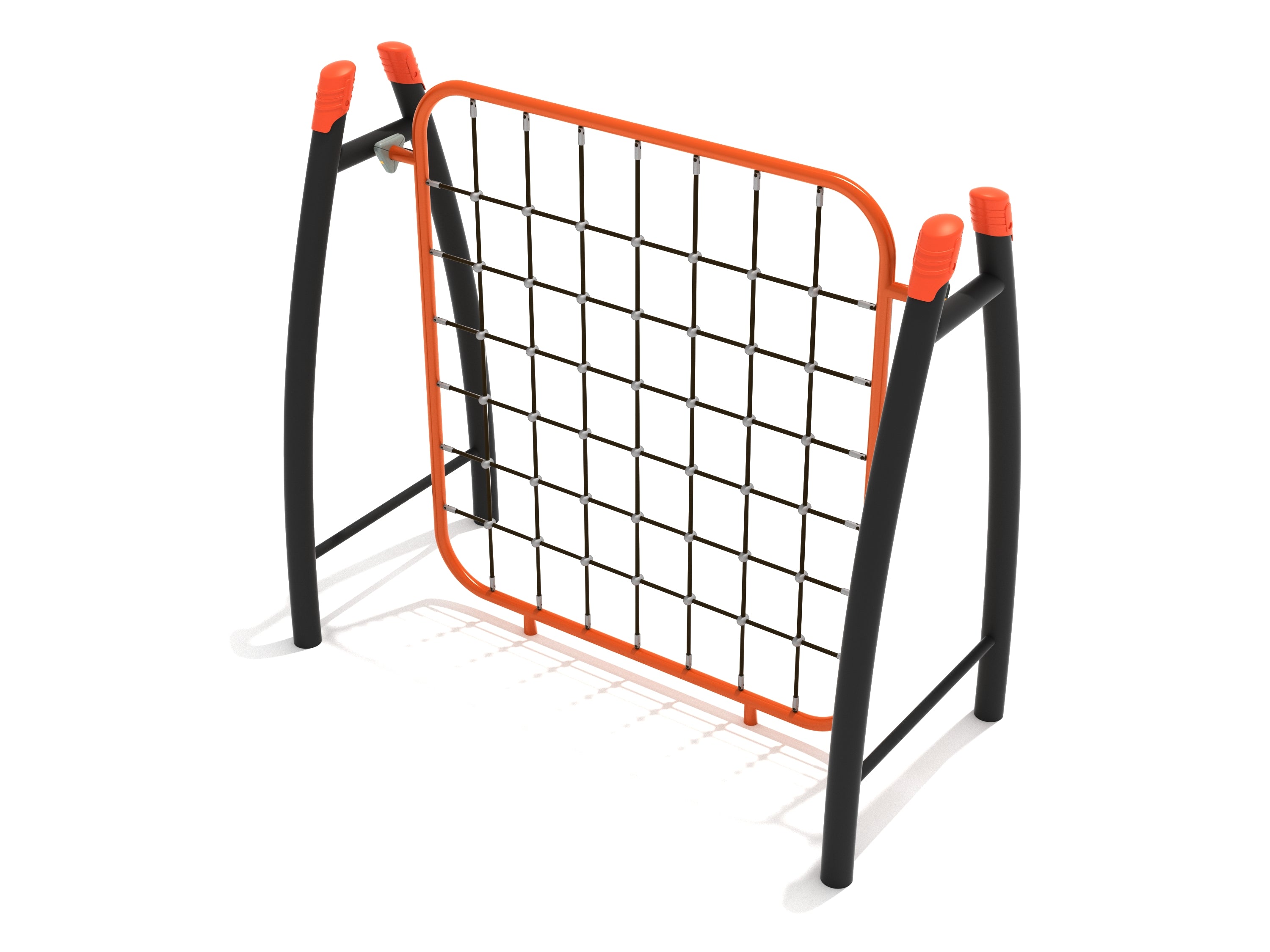 Curved Post Net Climber with black curved posts, orange frame, and grid-style climbing net for playgrounds