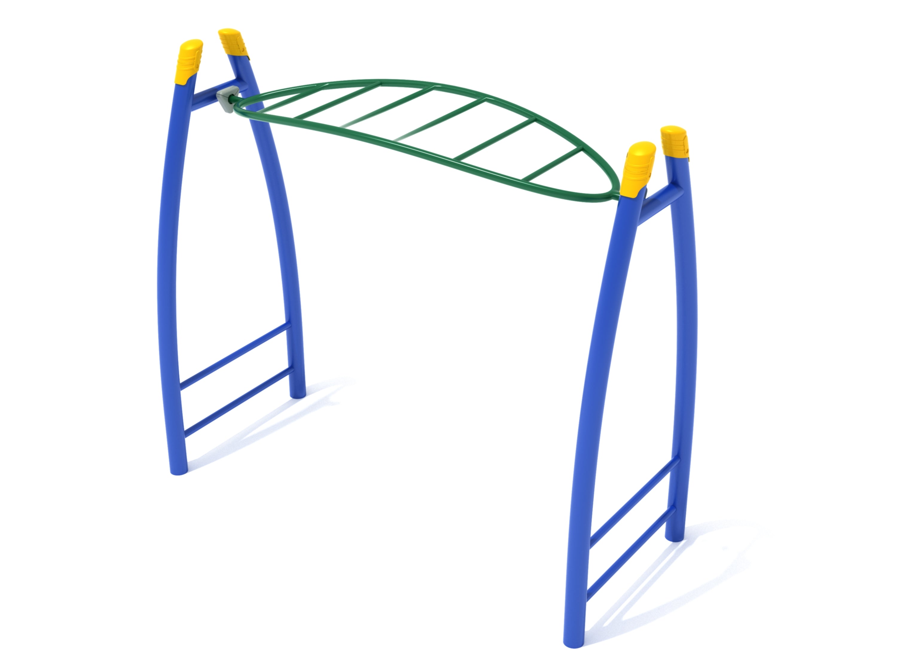 Curved overhead climber with blue arched posts, yellow caps, and green ladder rungs for playground fitness play