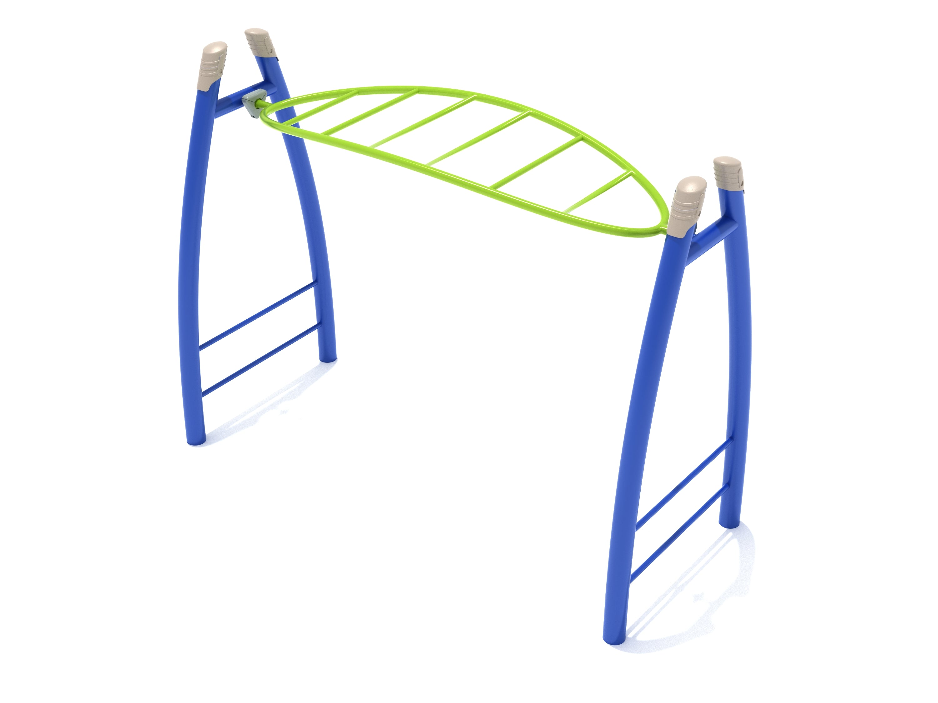 Curved Post Overhead Horizon Climber with blue curved posts and green ladder rungs for playground climbing and upper-body strength development