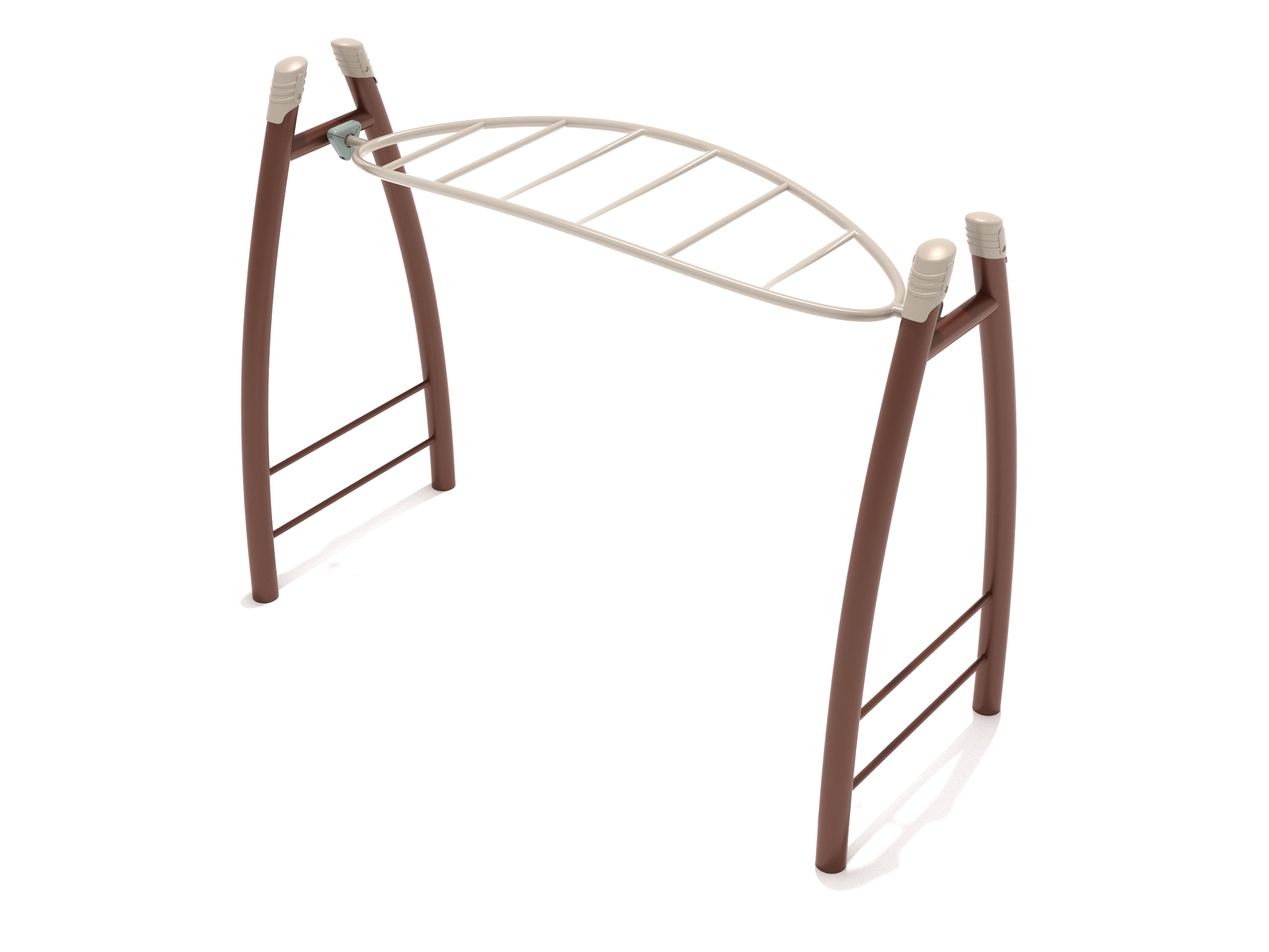 Curved brown arched posts with beige ladder-style rungs forming a playground overhead climber for fitness play