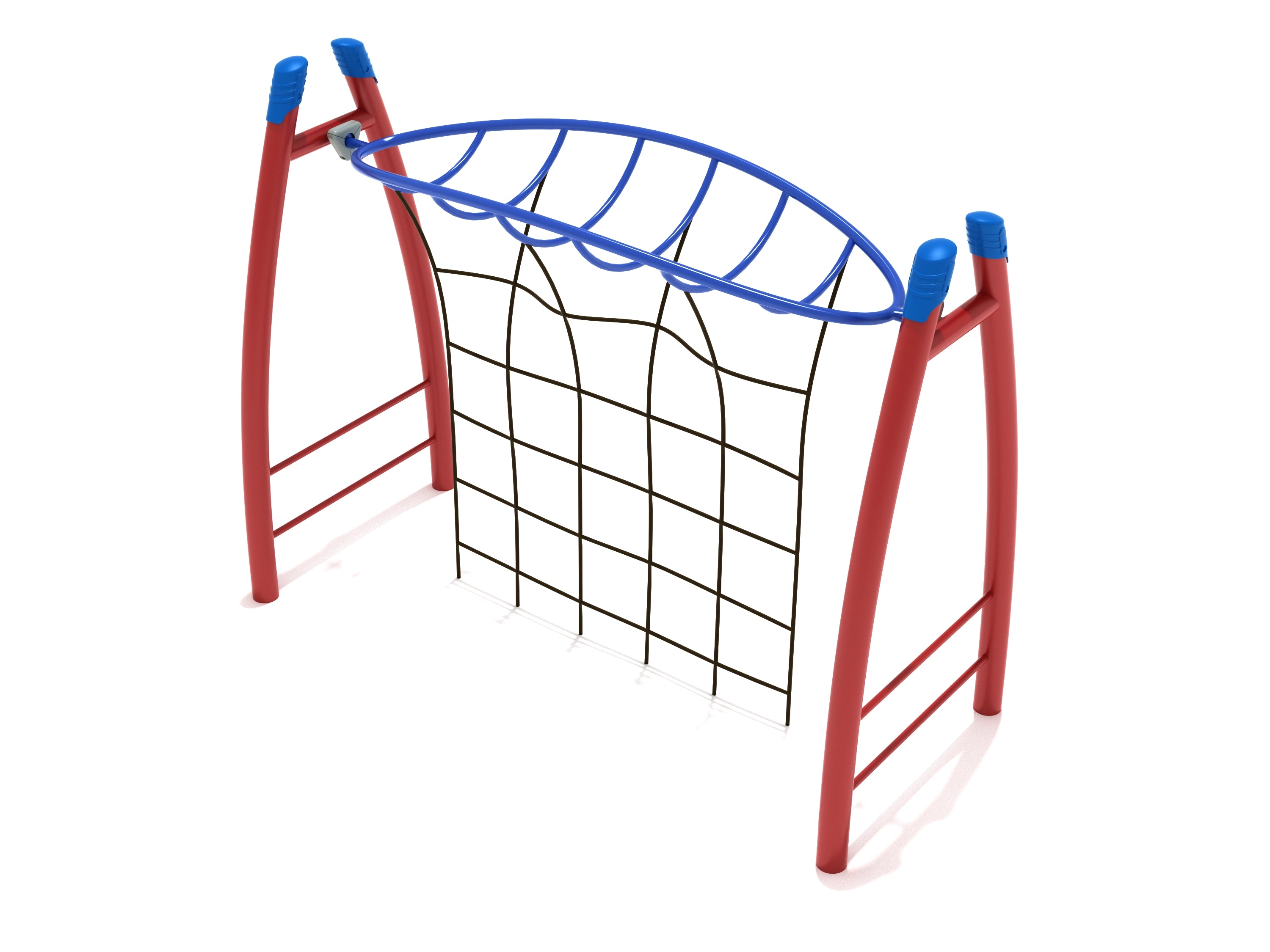Curved red metal playground climber with blue overhead curved bars and black rope grid for climbing and hanging activities