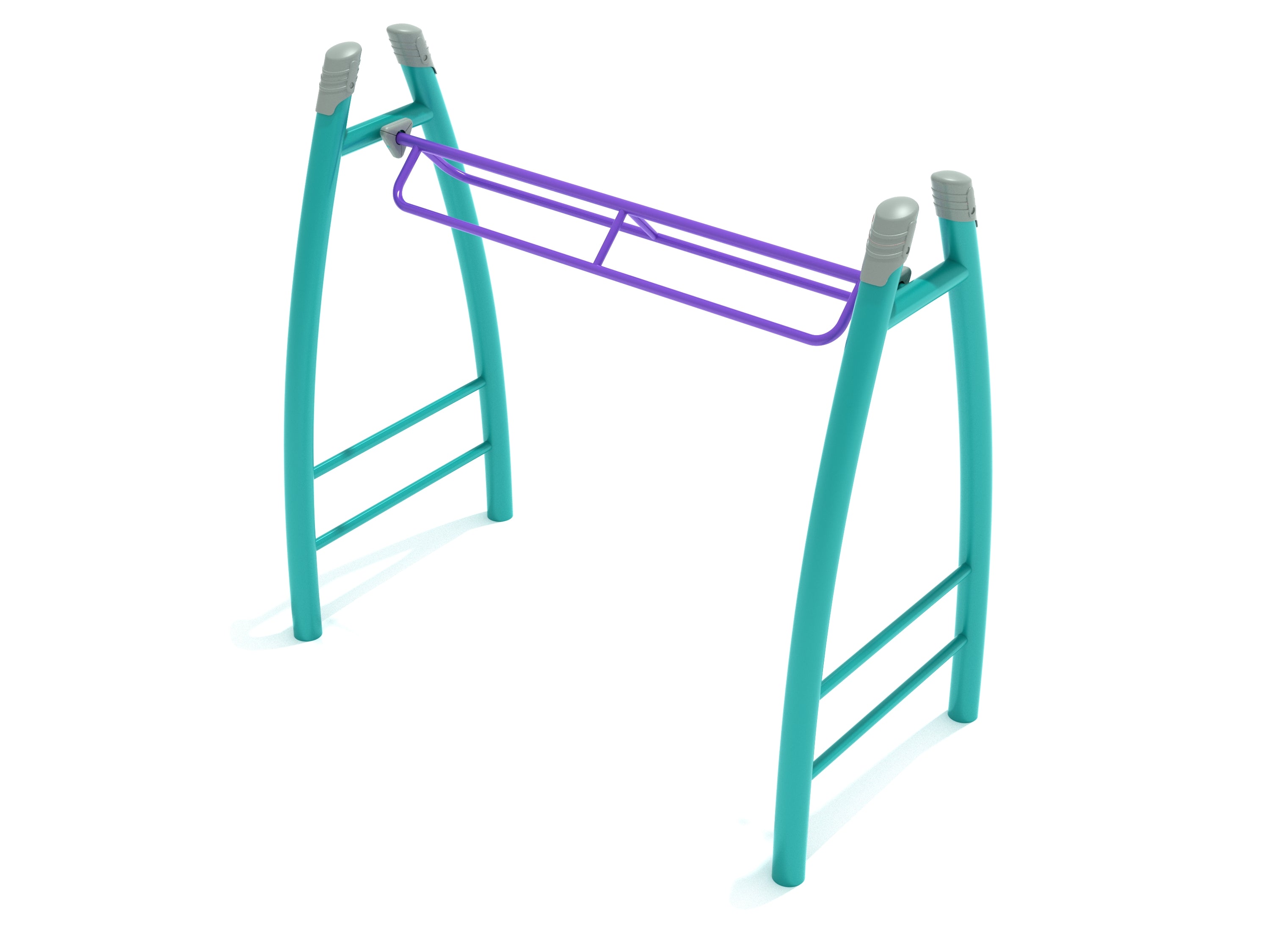 Curved Post Overhead Parallel Bar Climber with teal arched posts and purple twin overhead rails for playground climbing and upper-body strength development