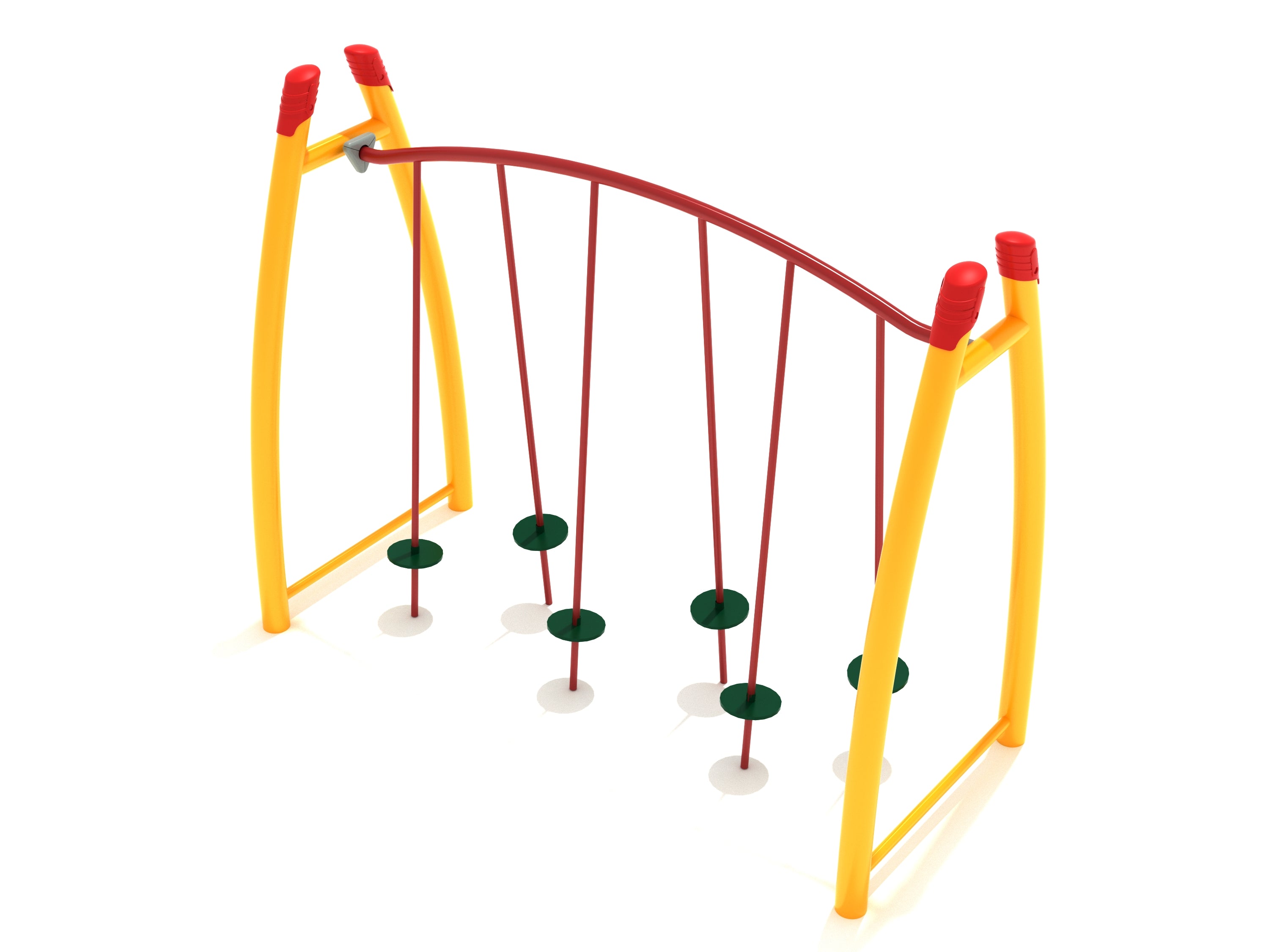 Curved yellow and red climbing arch with suspended green circular stepping pads for playground balance challenges