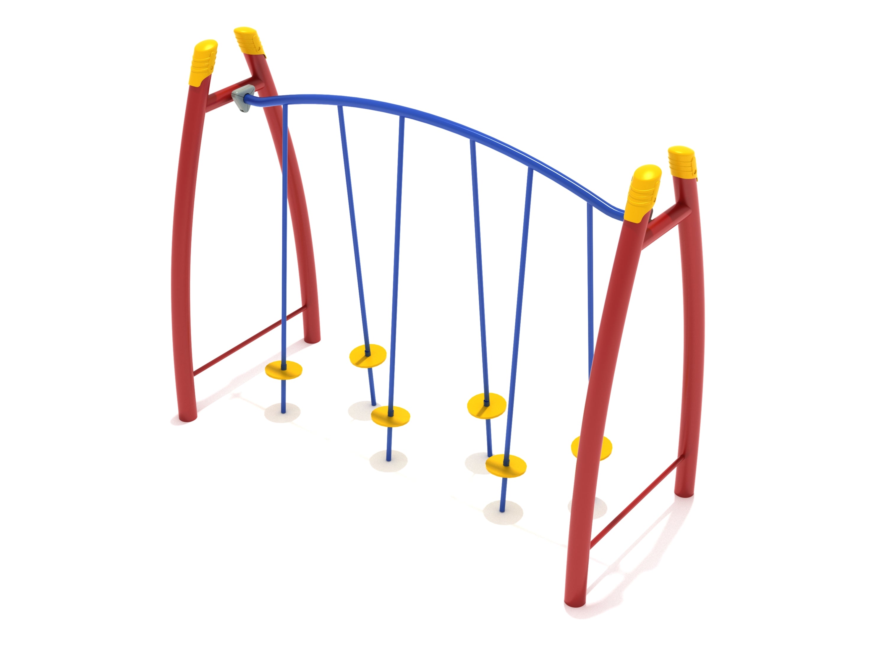 Curved red climbing frame with blue arch and suspended yellow circular stepping pads for playground balance challenges