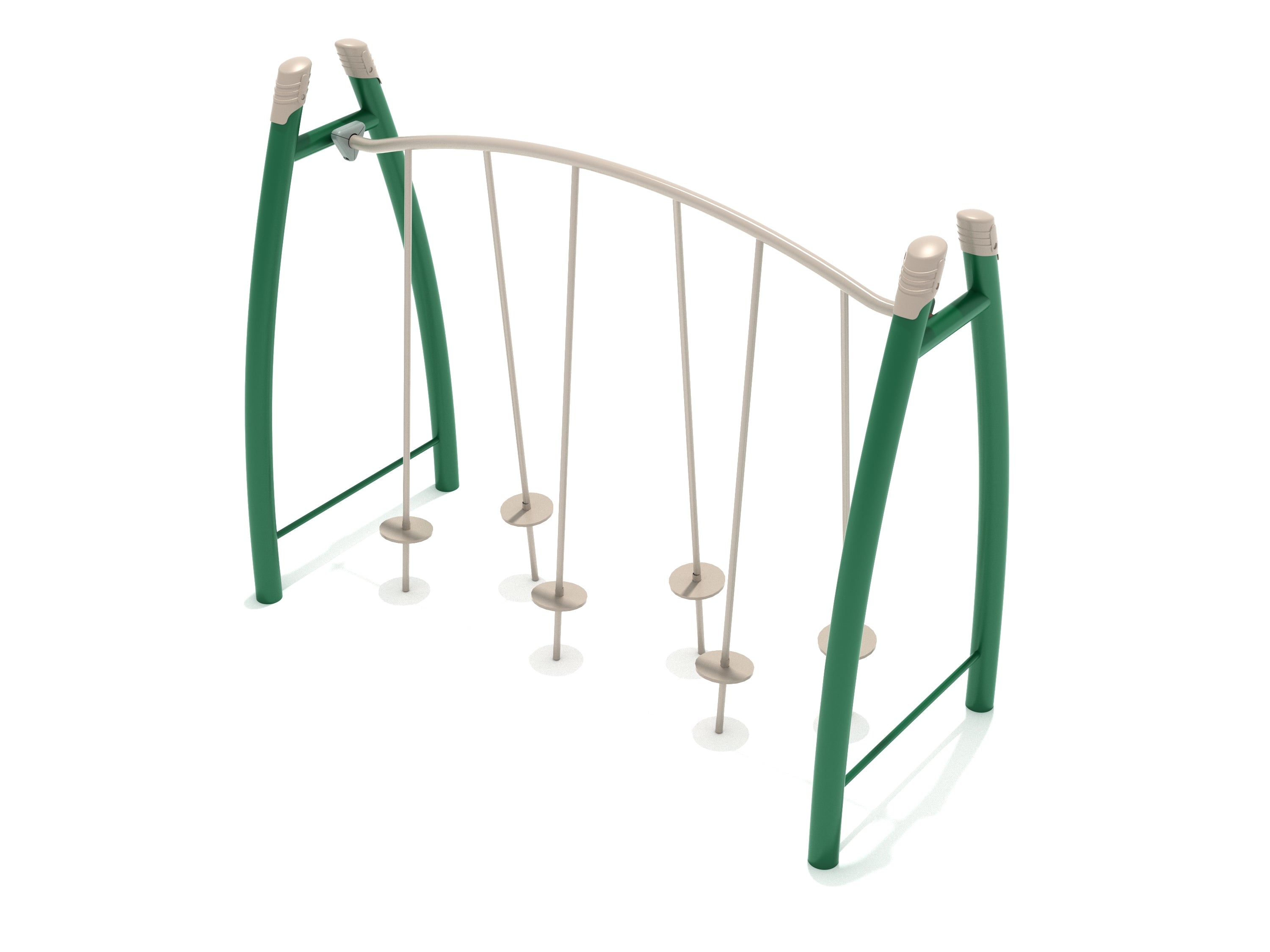 Curved Post Tilted Lily Pad Bridge with green curved posts and suspended beige lily pad stepping discs for climbing play