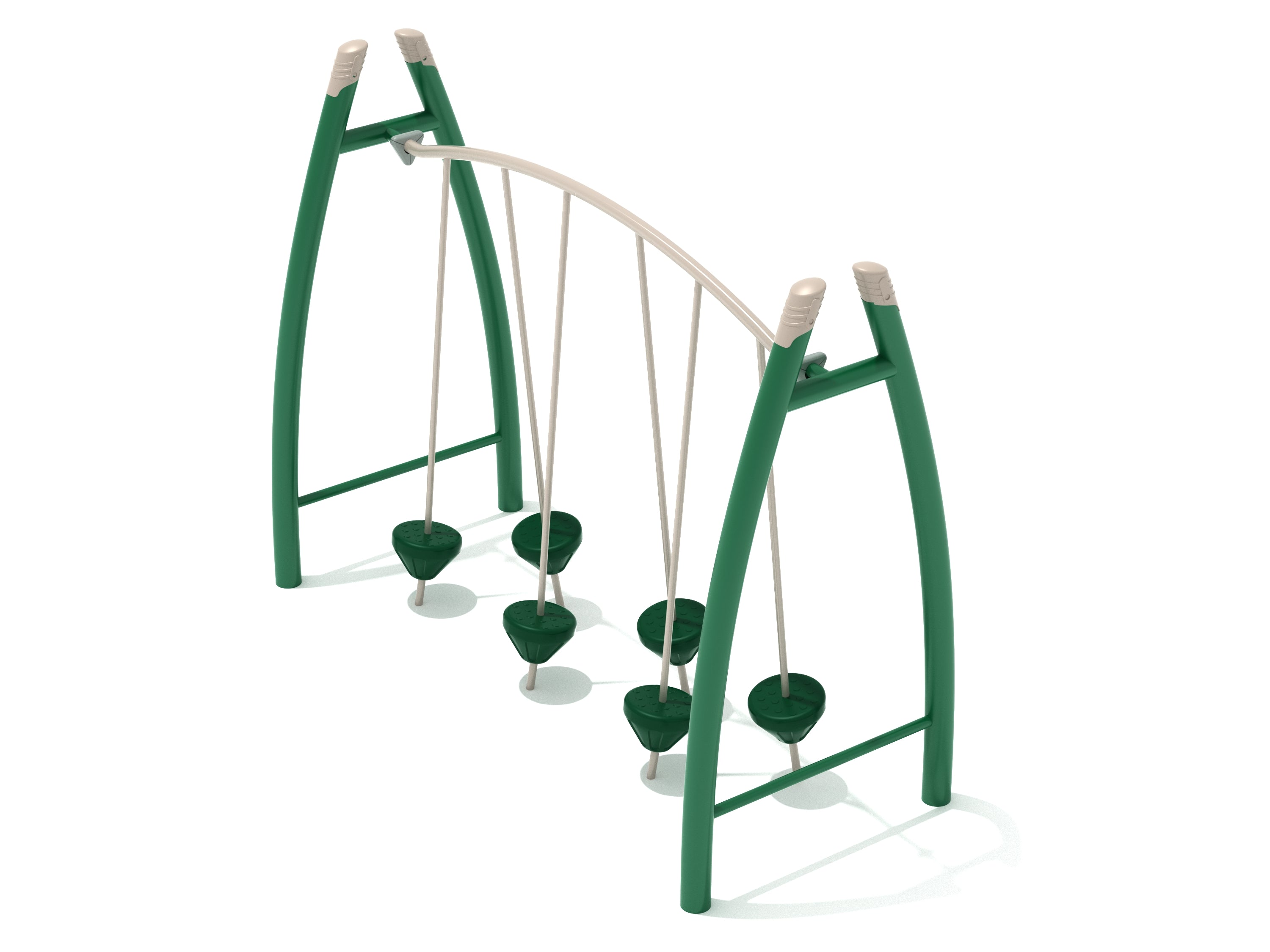 Curved playground climbing bridge with six angled suspended stepping pods in green and beige for balance and coordination