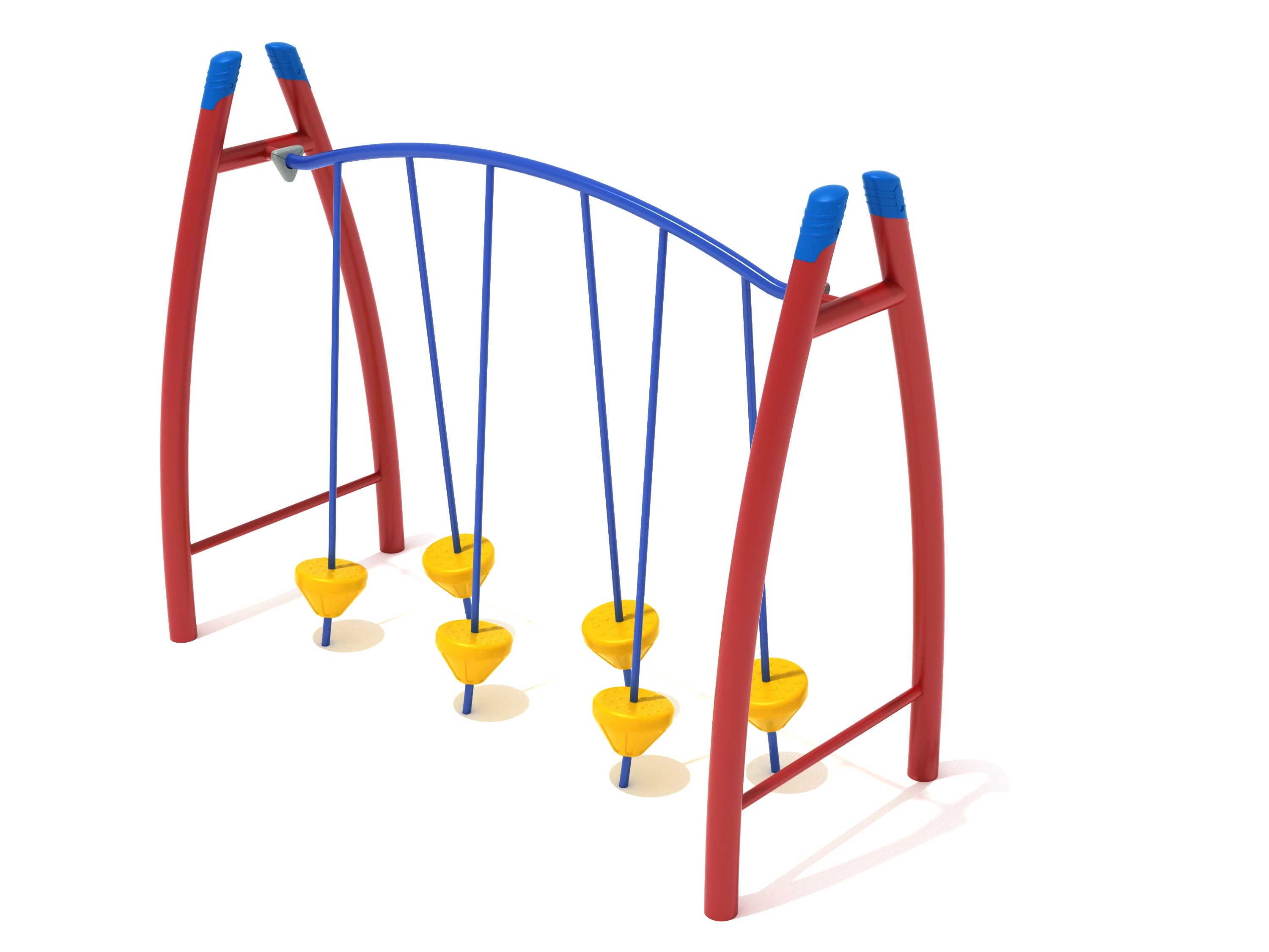 Curved playground climbing bridge with red arched posts and six suspended yellow stepping pods