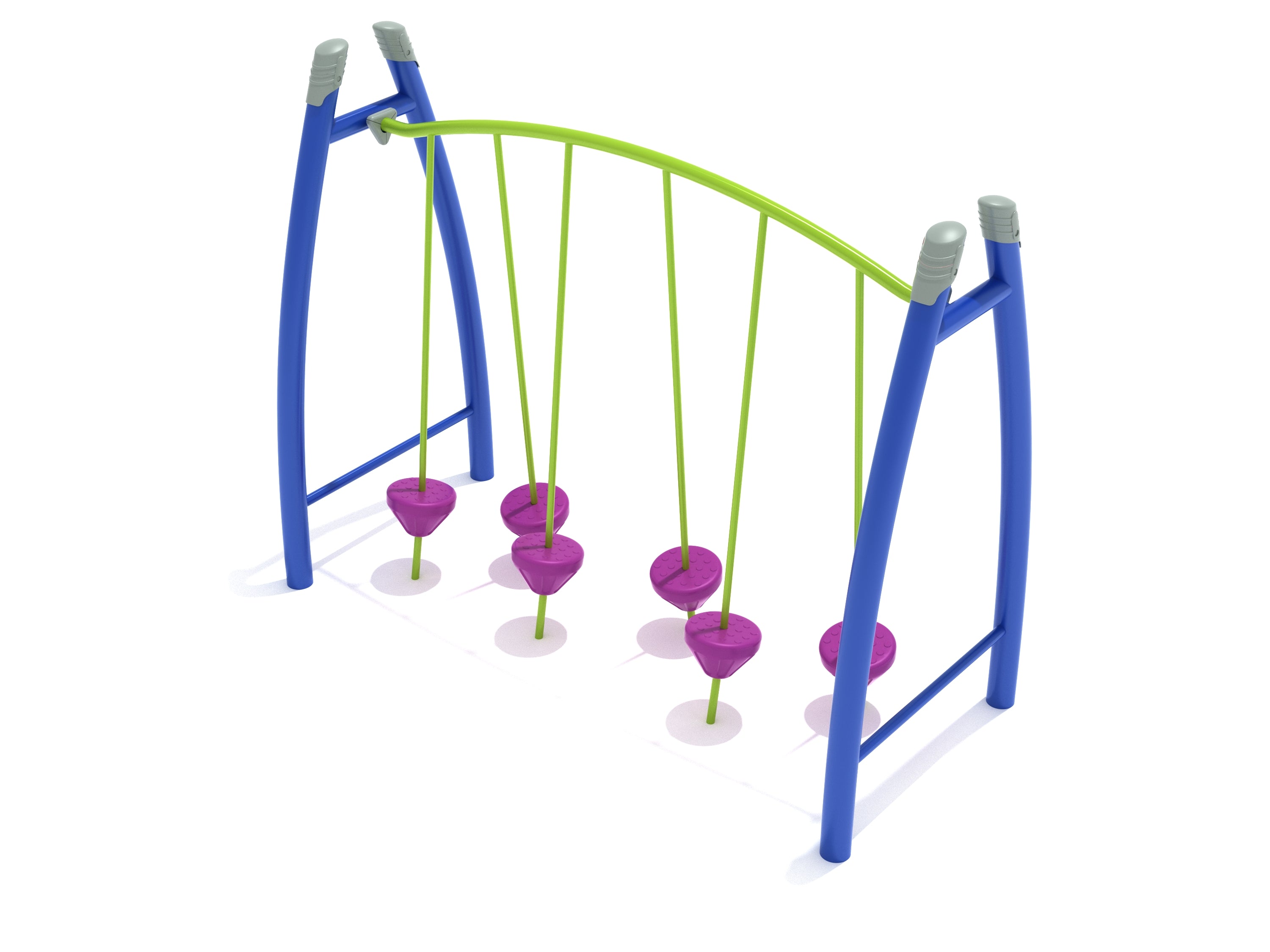 Curved Post Tilted Pebble Bridge playground climber with blue curved posts, green arch, and six purple angled suspended stepping pods