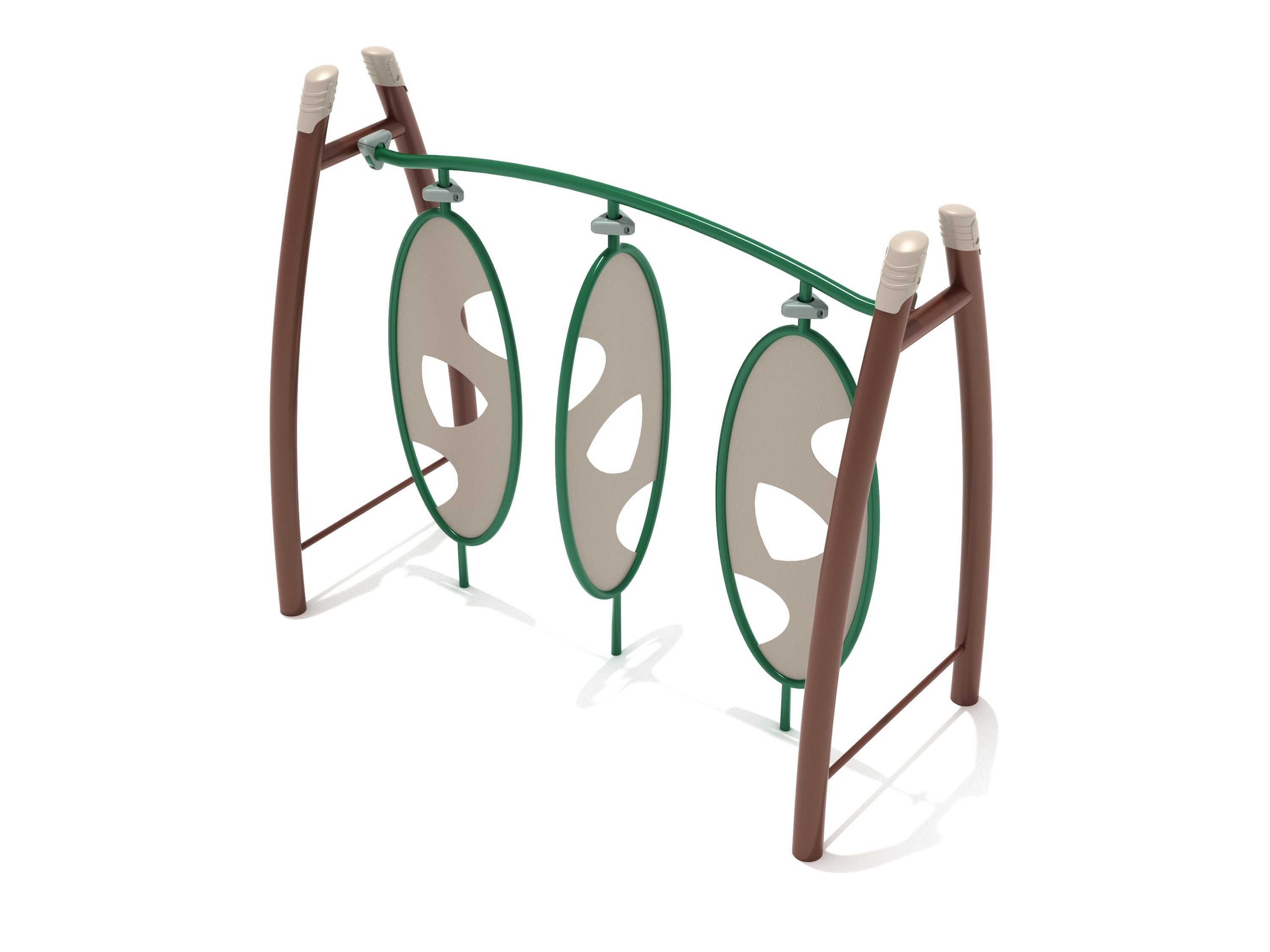 Curved climbing structure with three oval panels featuring hand and foot cutouts, supported by brown posts and green rails