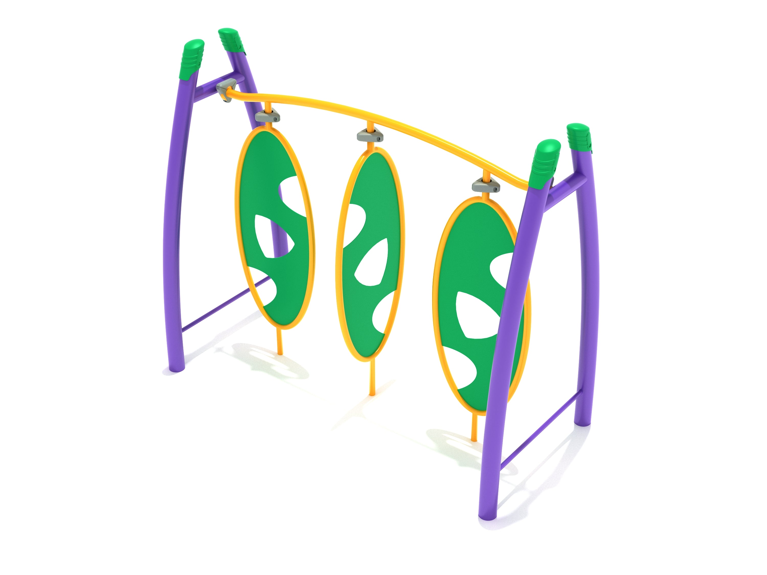 Curved Post Triple Wing Climber with three green oval climbing panels framed in yellow, supported by purple posts with green caps