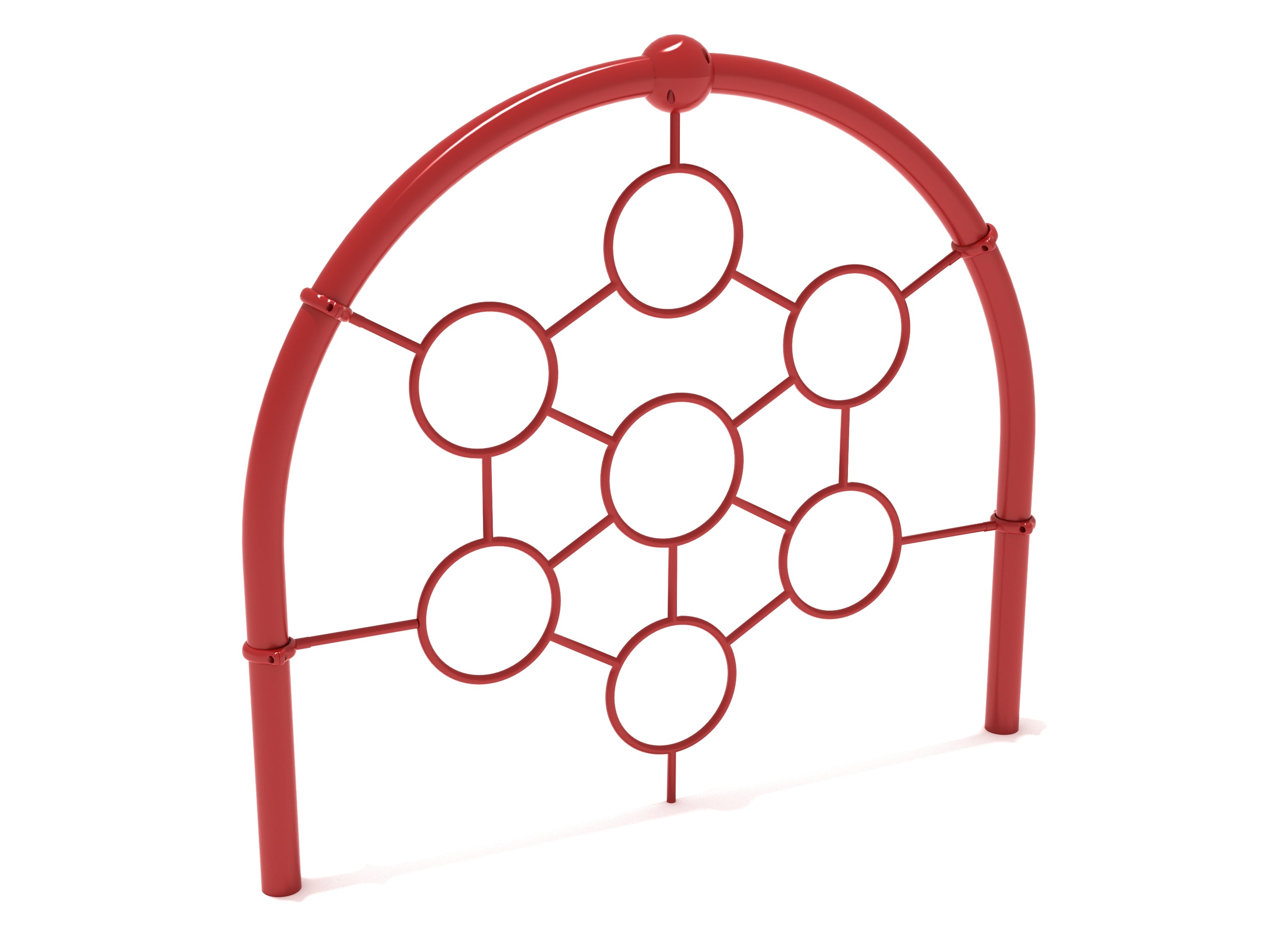 Red arched climbing frame with interconnected circular rings for active play and coordination on playgrounds