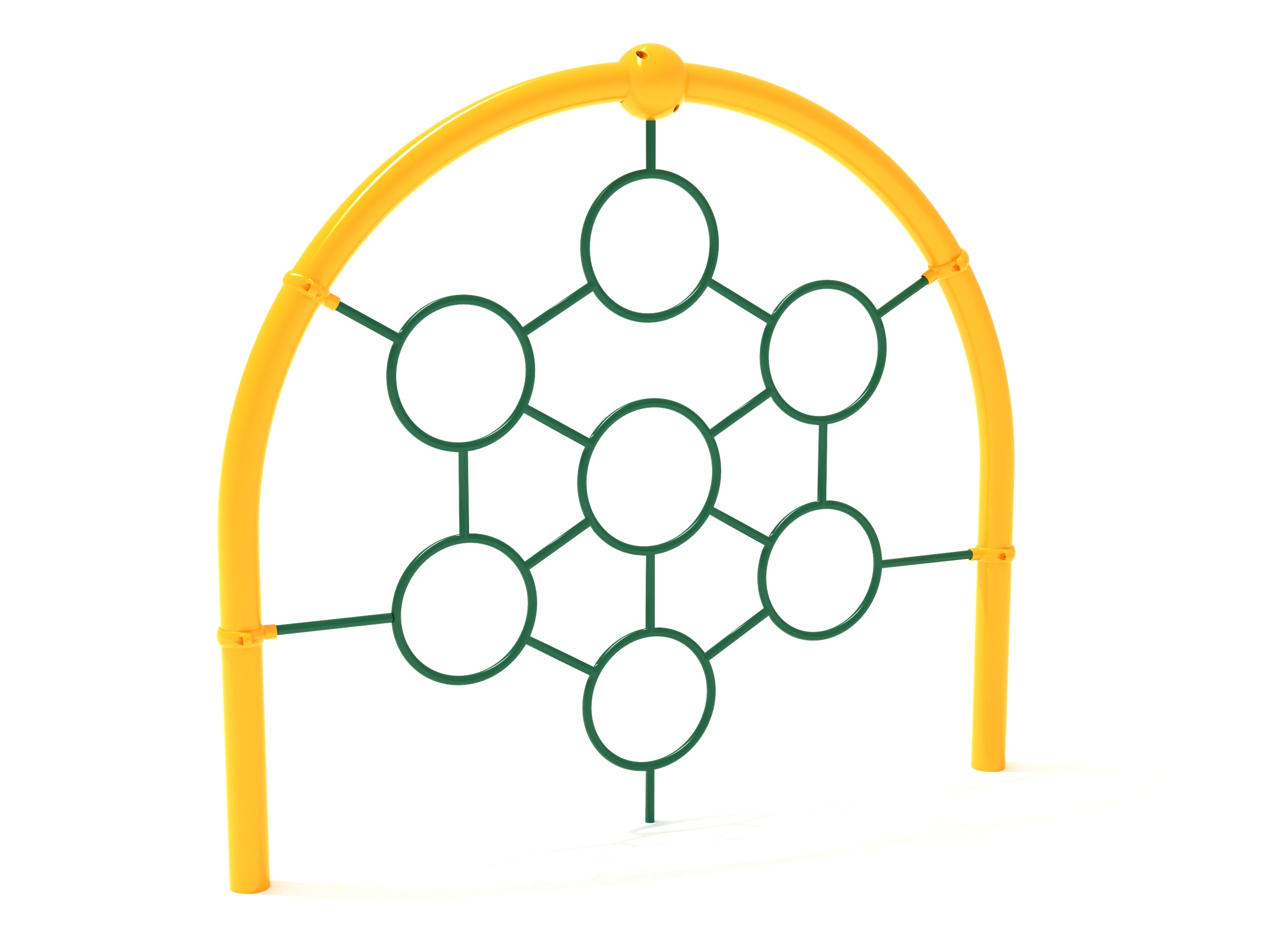Yellow arch climbing frame with interconnected green circular rings for active playground climbing and coordination
