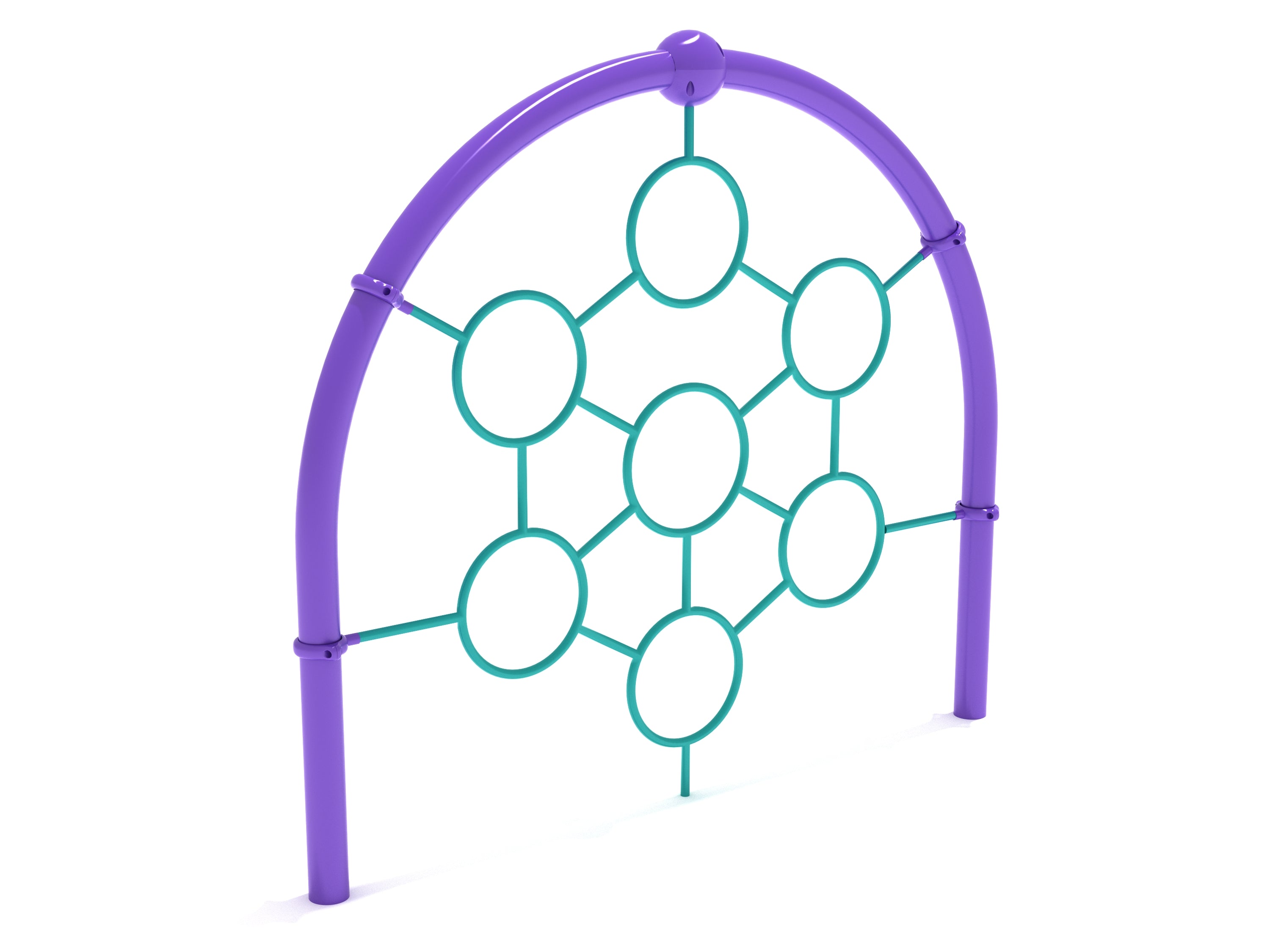 Purple arch climbing frame with interconnected teal circular rings for children's active play and coordination