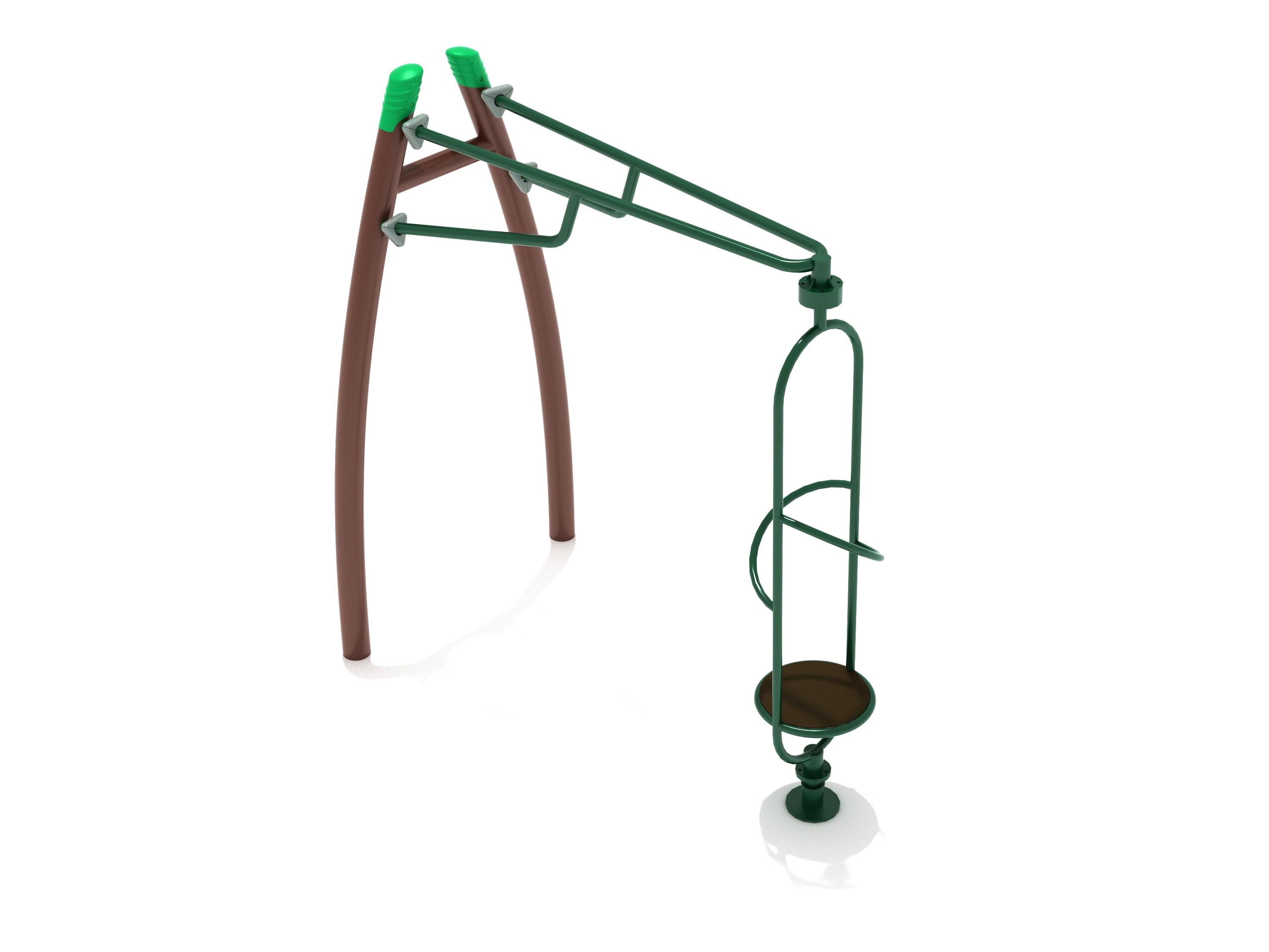 Curved green metal playground spinner with brown standing platform and dual grip bars for balance and core strength development