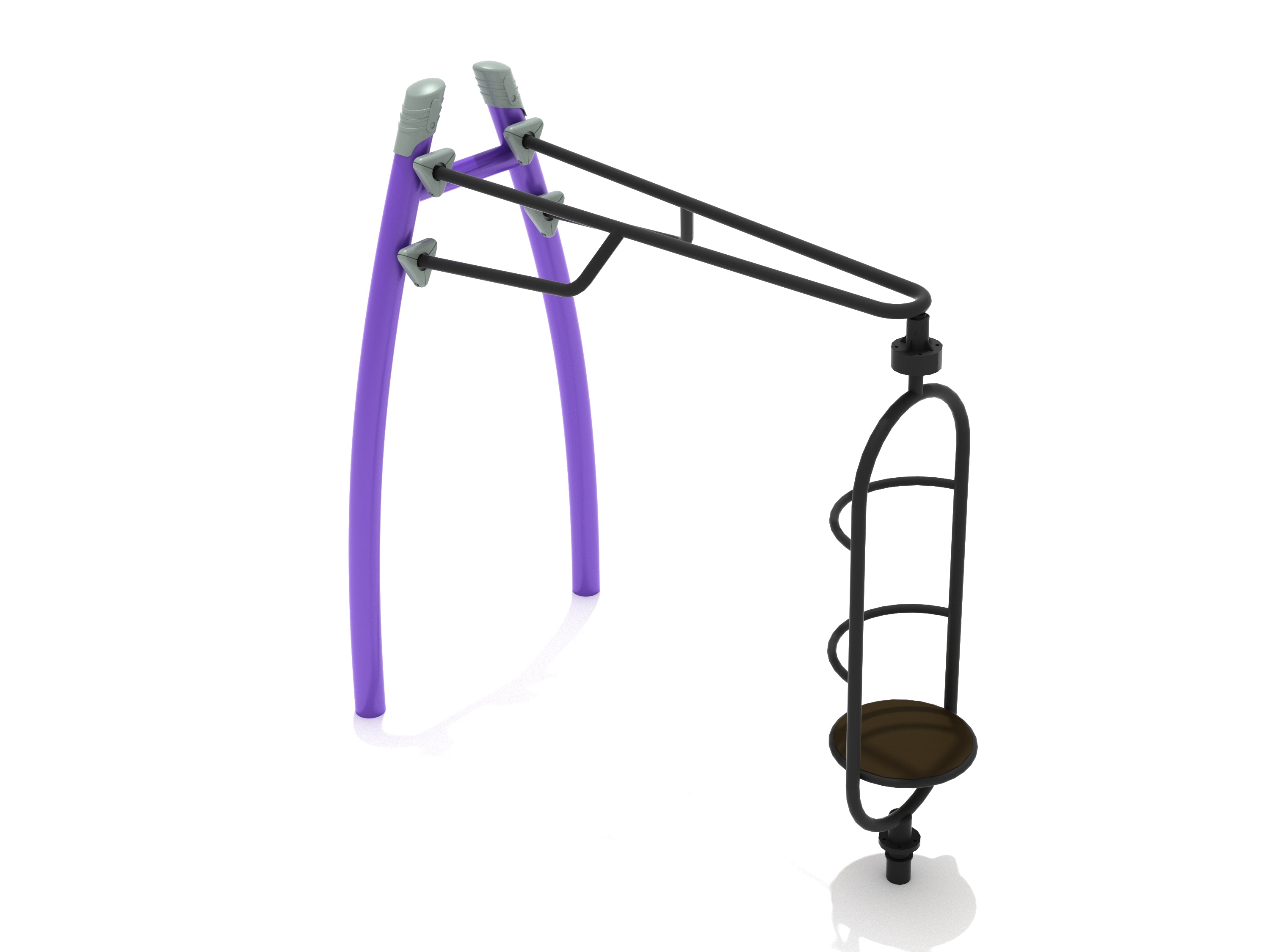 Curved Post Standing Orbital Spinner with purple curved post, black textured spinning platform, and dual grip bars for playground fitness.