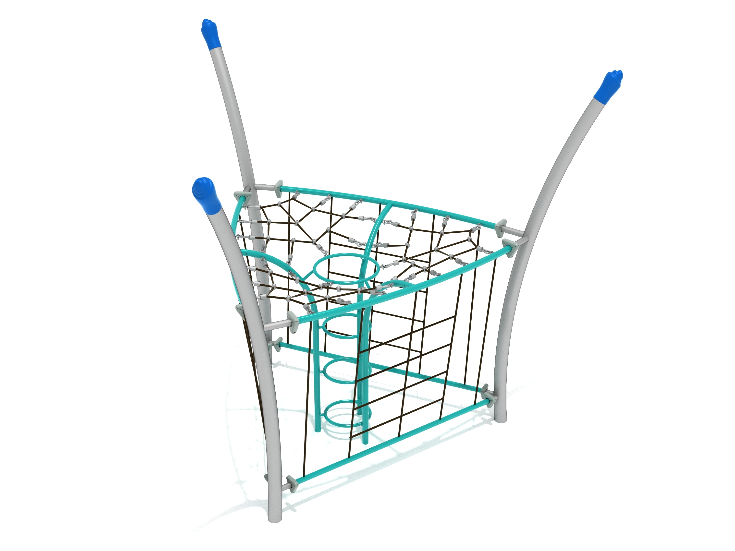 Triangular rope climber with teal and gray manhole rings, vertical grids, curved ladder, and webbed net for active play