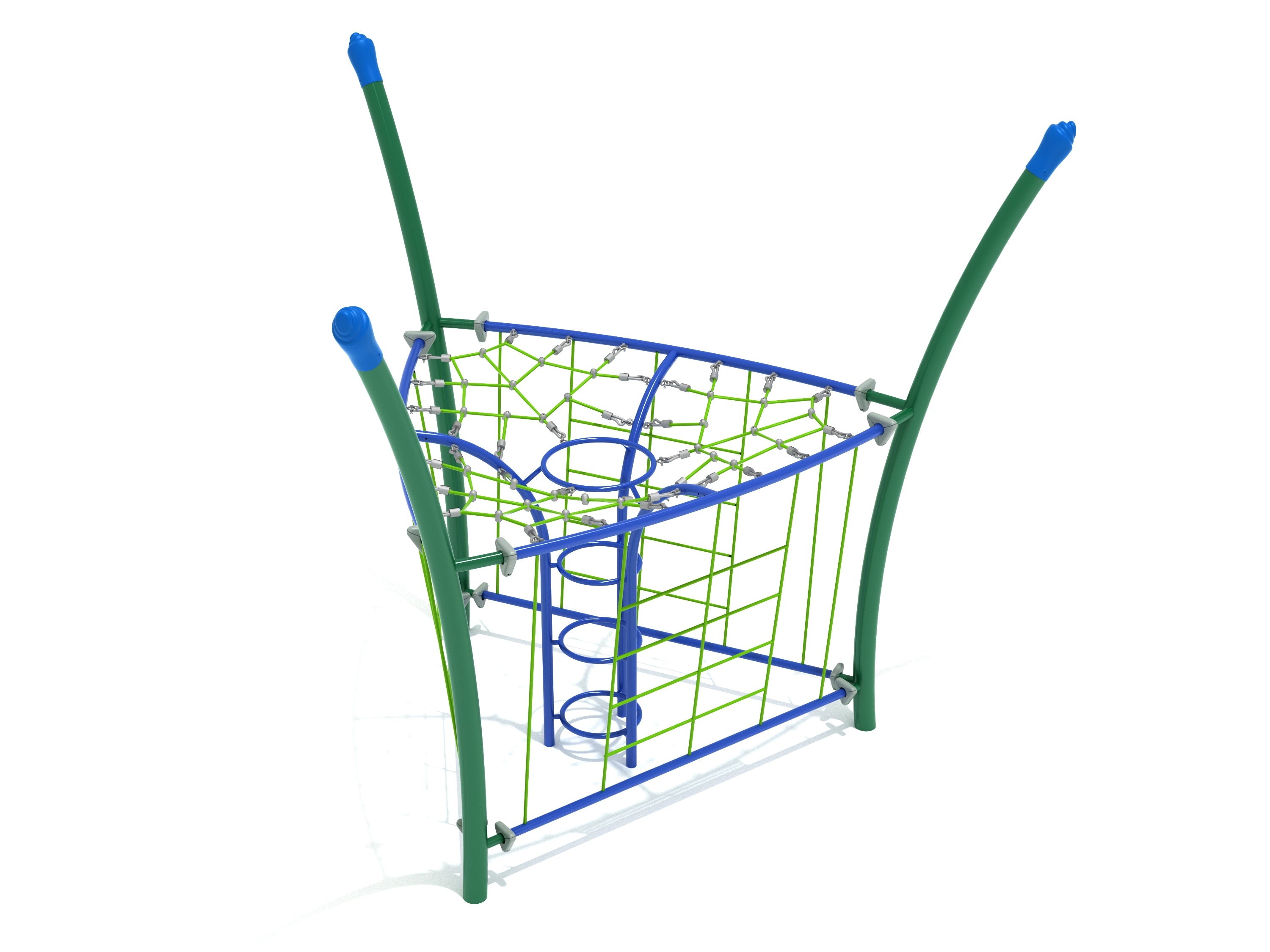 Triangular rope climber with green vertical nets, blue circular hoops, and curved green posts topped with blue caps