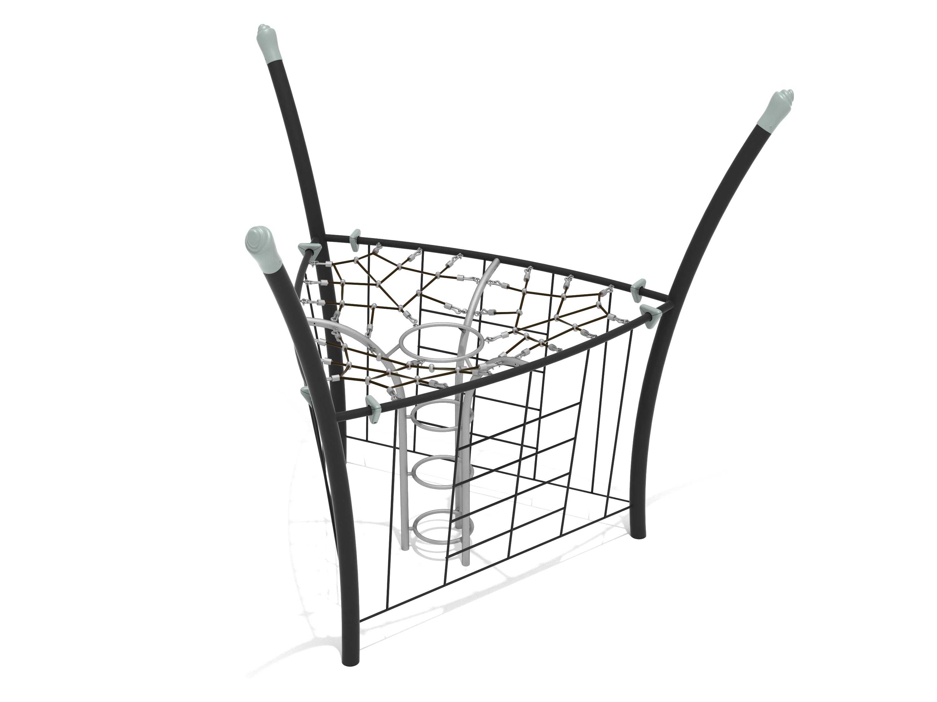 Triangular rope climber with vertical grids, circular hoops, webbed net, and curved black support posts