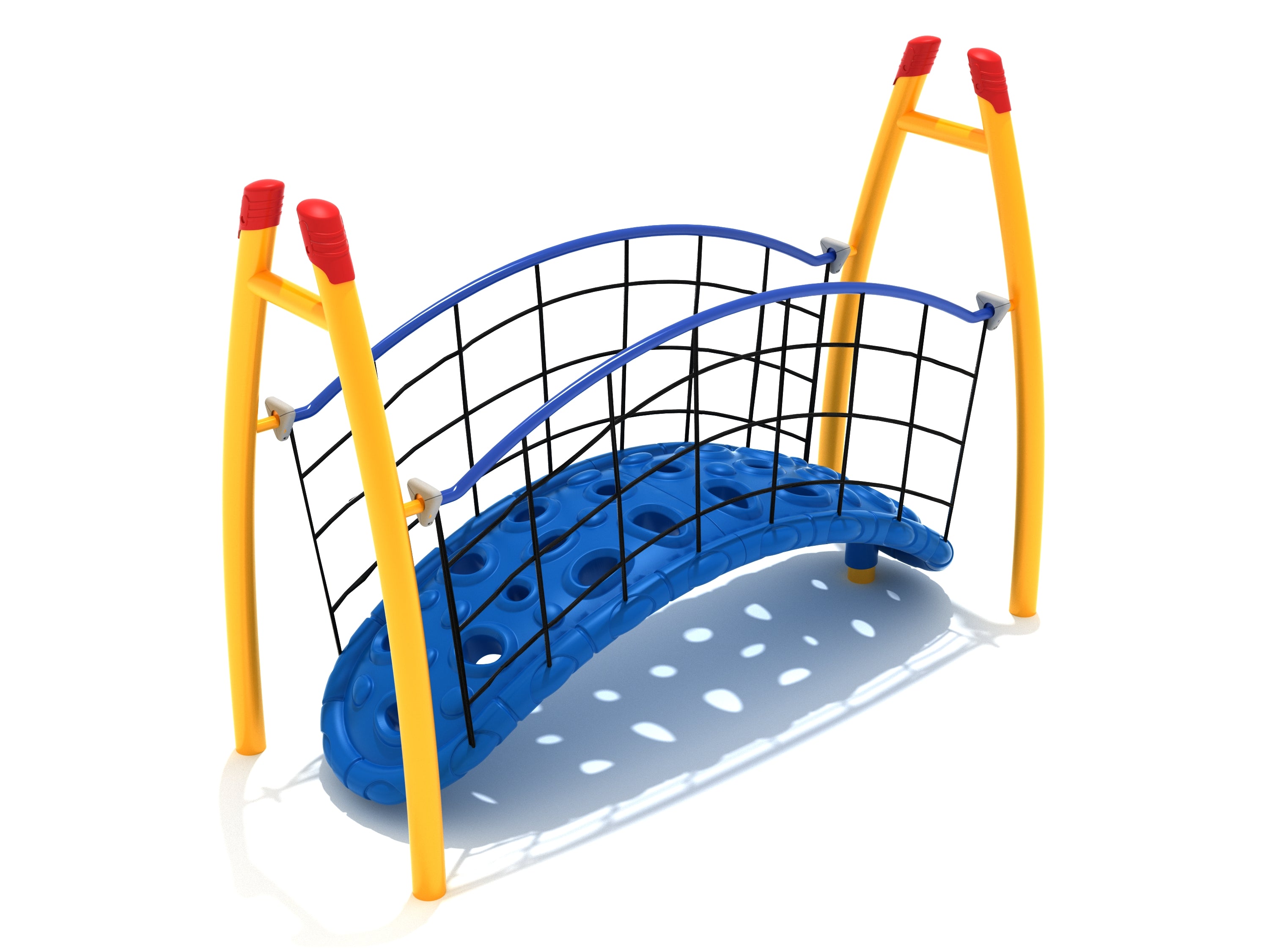 Curved blue textured floating walkway with black net guardrails and yellow curved posts playground climbing structure