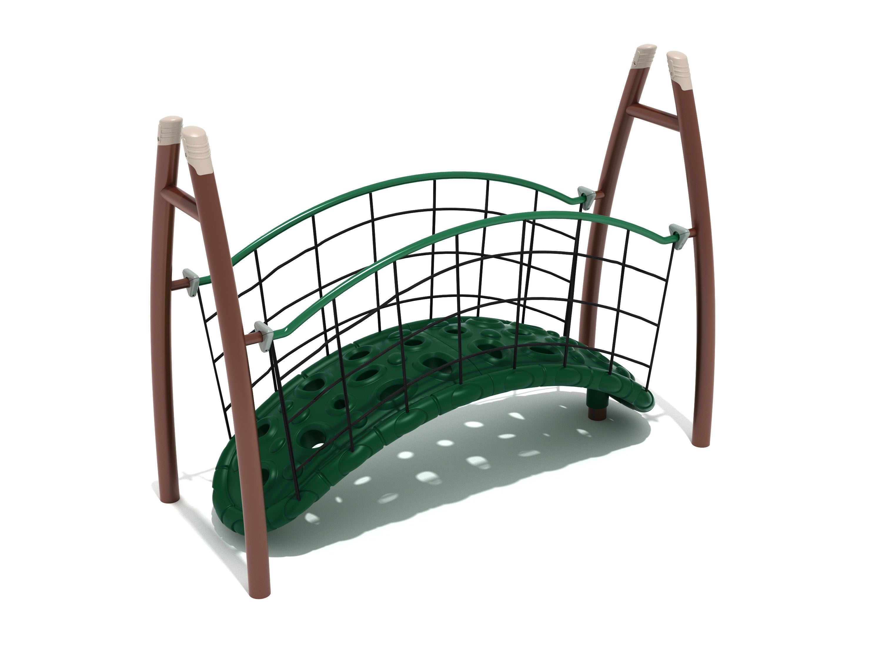 Curved Post Floating Bridge playground climber with green textured floating walkway, black net guardrails, and brown curved posts