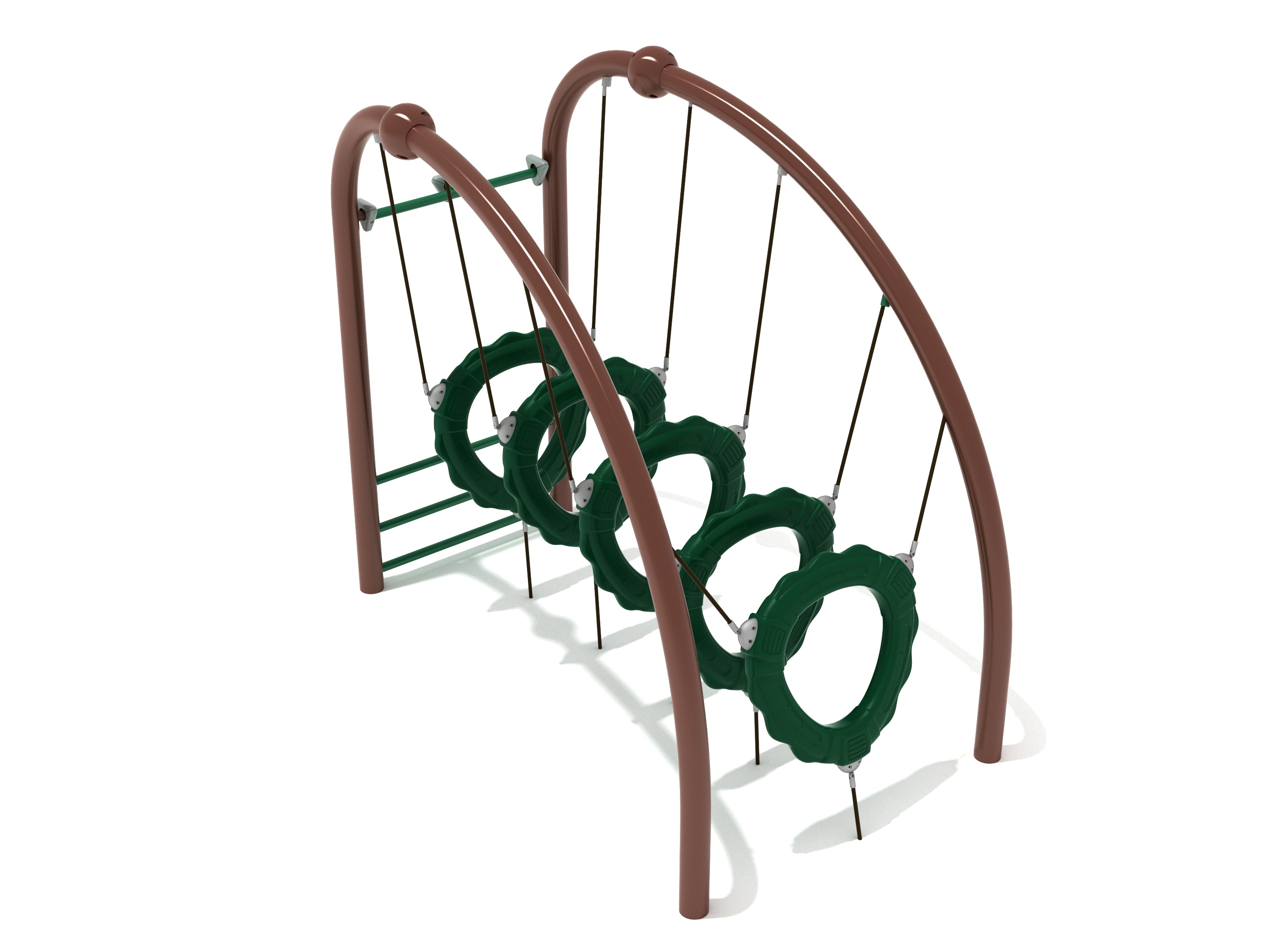 Arched rope climber with suspended green rings and brown frame for active balance and coordination play