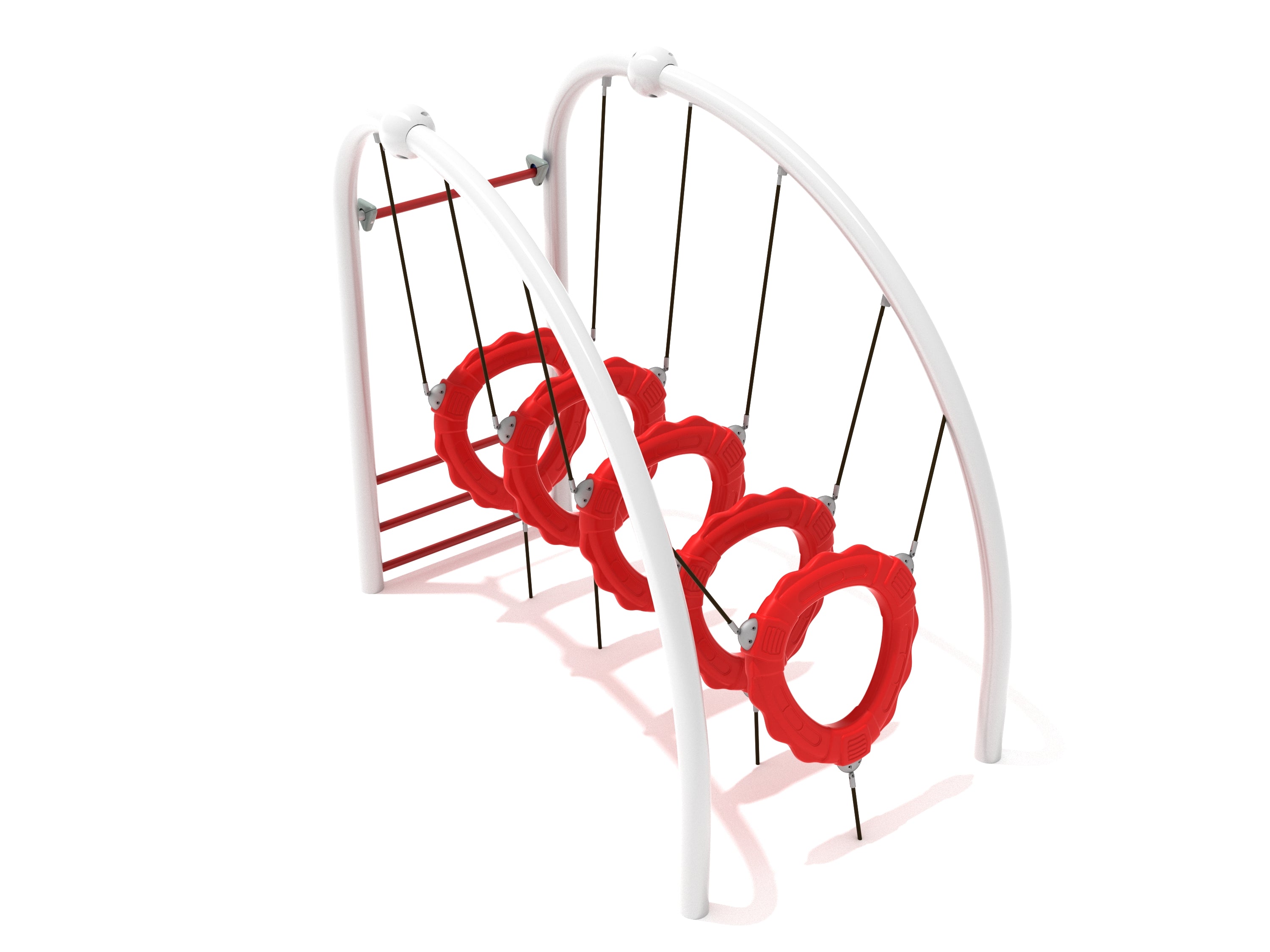 Floating Tunnel Rope Climber with white arched frame and suspended red rings for active kids' play and coordination