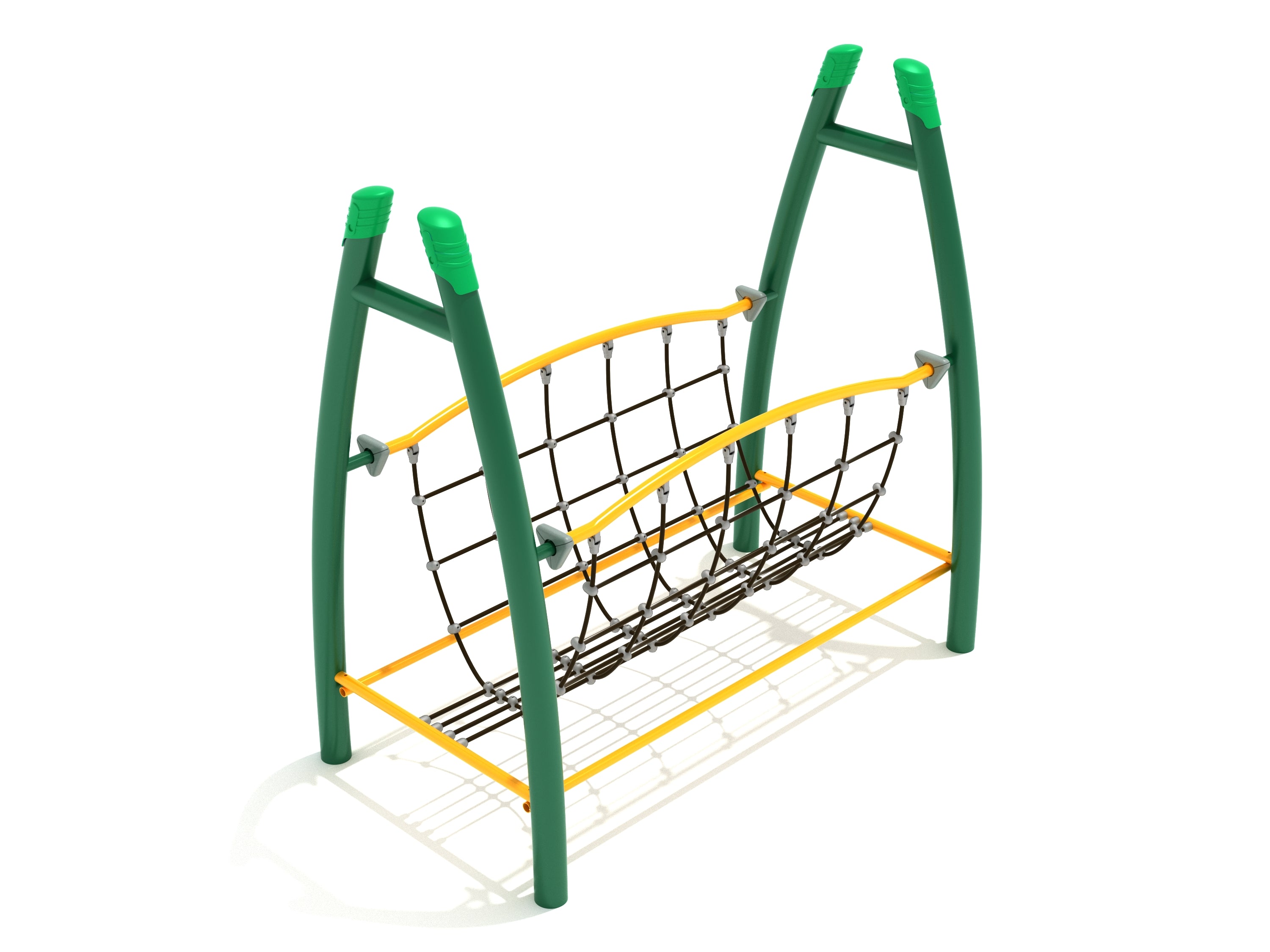 Curved Post Net Bridge playground climber with green curved posts, yellow arched rails, and black open-weave rope walkway