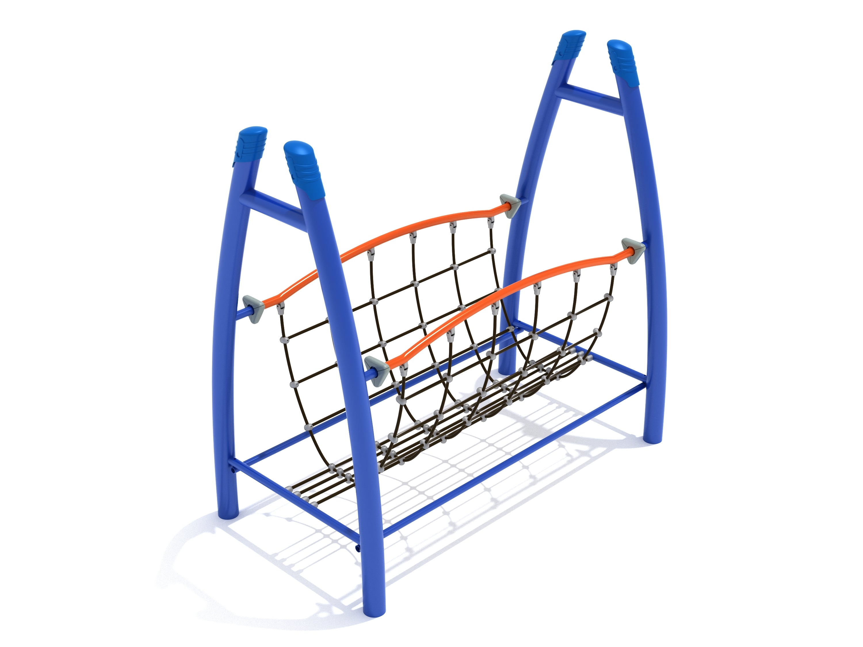 Curved climbing net bridge with blue arched posts, orange handrails, and black rope grid for playground balance and coordination